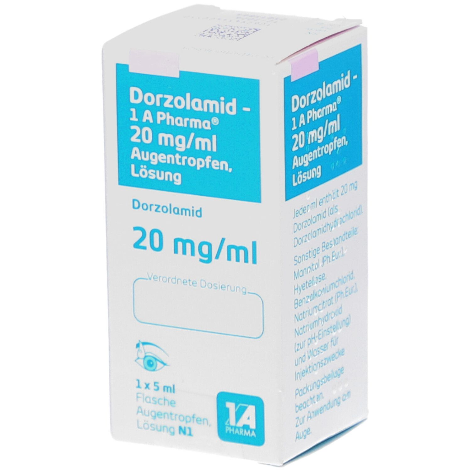 Weiße Faltschachtel mit blauer Schrift. Enthält Dorzolamid 20 mg/ml Augentropfen. 1 A Pharma Logo. 1 x 5 ml Flasche. N1.
