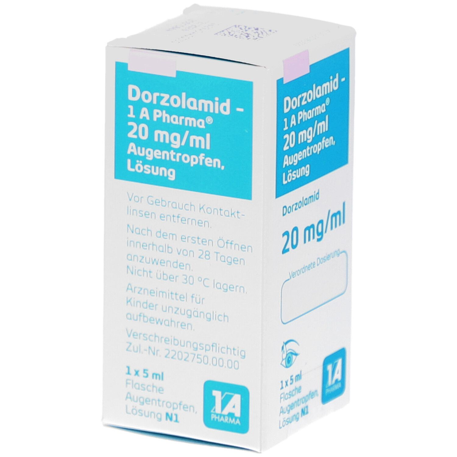Weiße Faltschachtel mit blauer Schrift. Enthält Dorzolamid 20 mg/ml Augentropfen. 1 A Pharma Logo. 1 x 5 ml Flasche. N1. Hinweise.