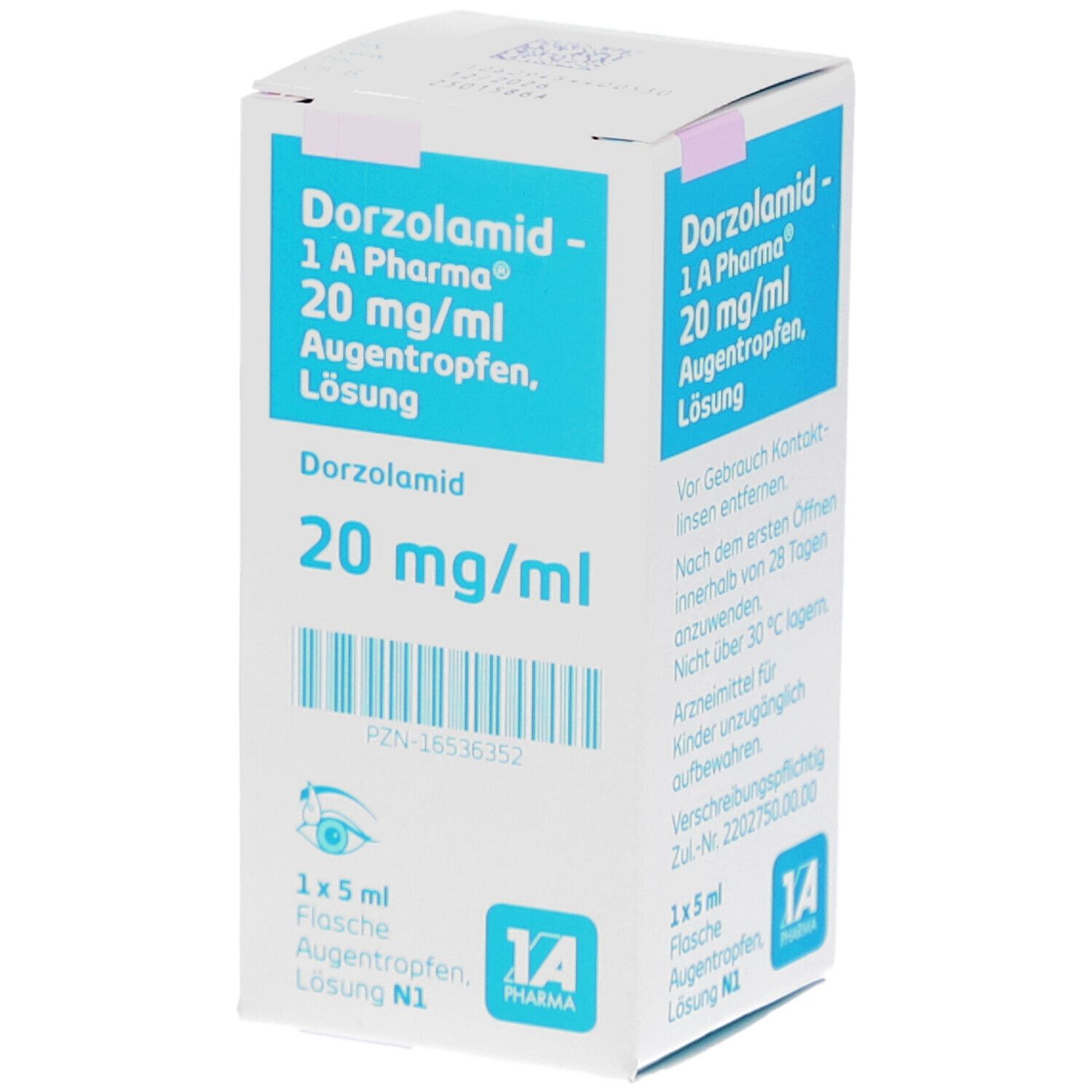 Weiße Faltschachtel mit blauer Schrift. Enthält Dorzolamid 20 mg/ml Augentropfen. 1 A Pharma Logo. 1 x 5 ml Flasche. N1. PZN-16536352.
