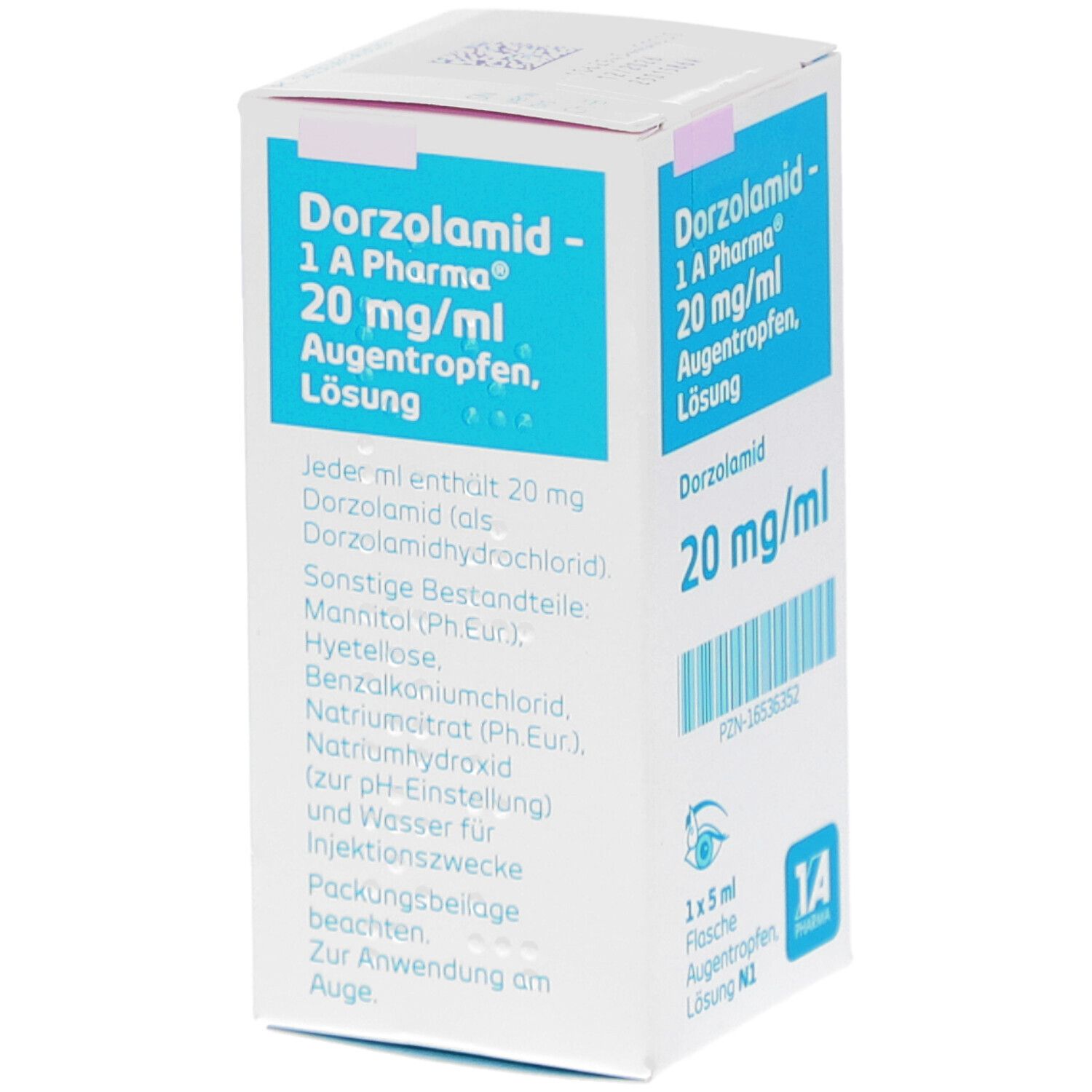 Weiße Faltschachtel mit blauer Schrift. Enthält Dorzolamid 20 mg/ml Augentropfen. 1 A Pharma Logo. 1 x 5 ml Flasche. N2. Inhaltsstoffe.