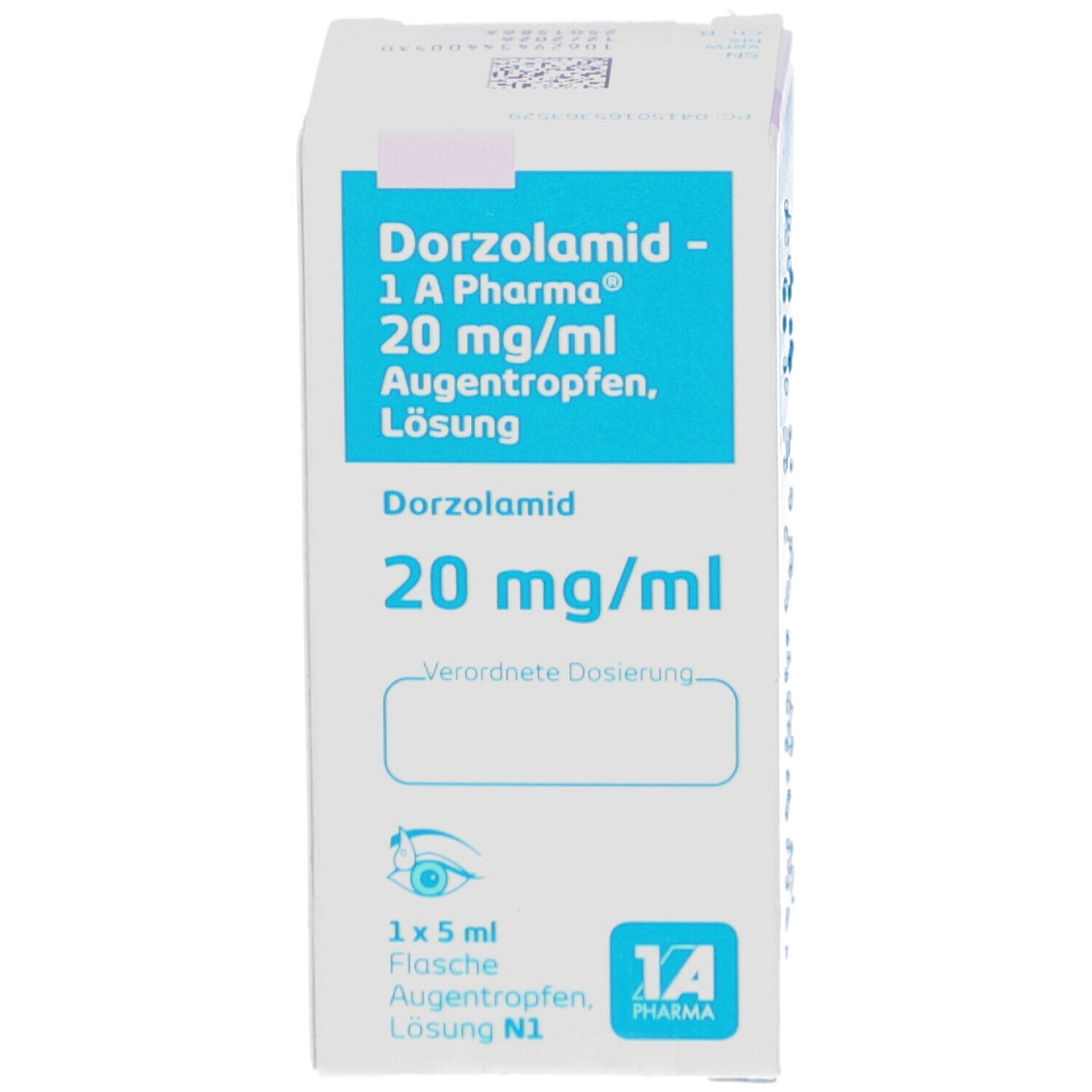 Weiße Faltschachtel mit blauer Schrift. Enthält Dorzolamid 20 mg/ml Augentropfen. 1 A Pharma Logo. 1 x 5 ml Flasche. N1. Rezeptfeld.