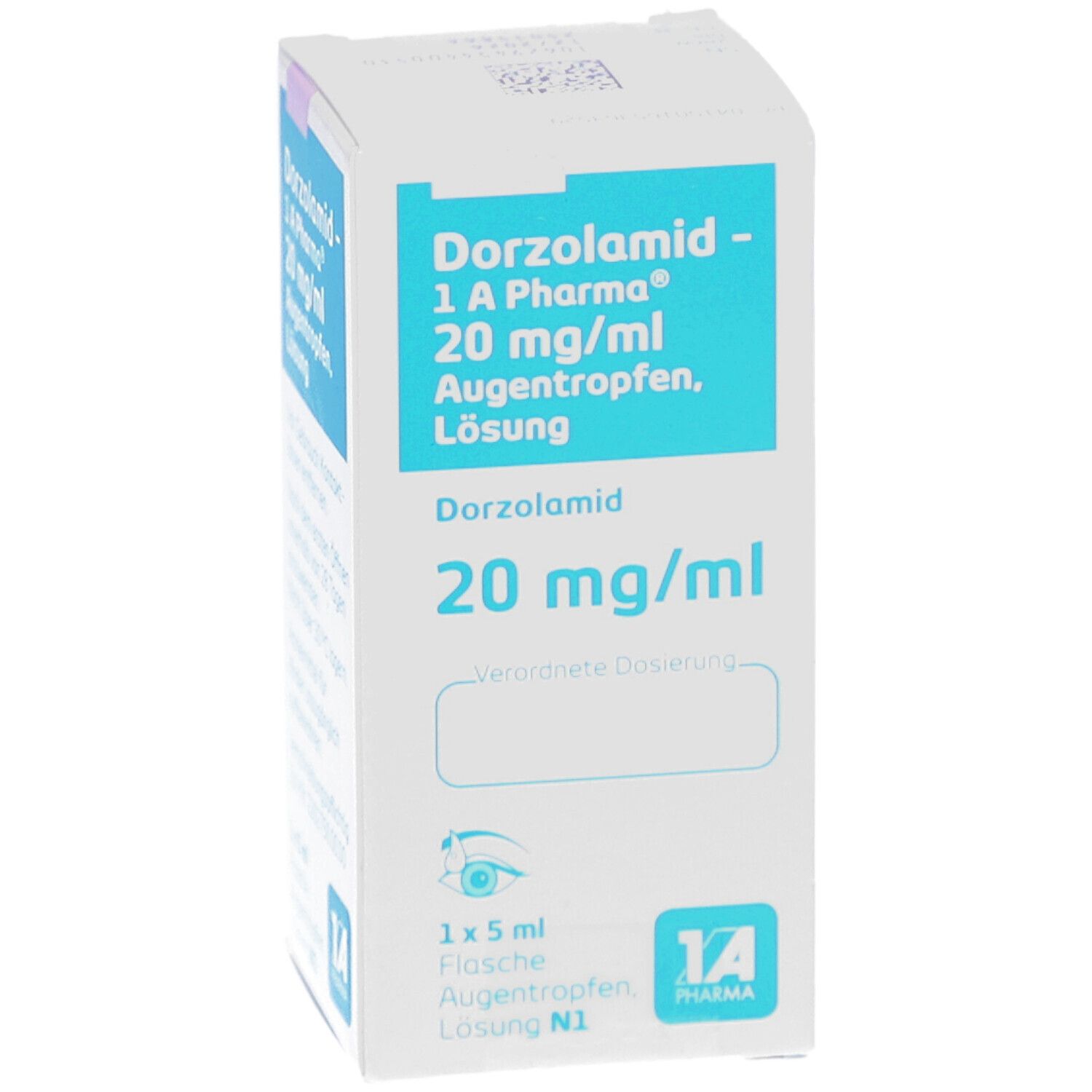 Weiße Faltschachtel mit blauer Schrift. Enthält Dorzolamid 20 mg/ml Augentropfen. 1 A Pharma Logo. 1 x 5 ml Flasche. N1. Rezeptfeld.