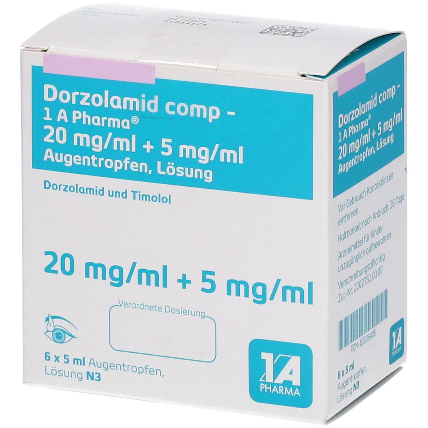 Verpackung von Dorzolamid comp - 1 A Pharma. Enthält 20 mg/ml + 5 mg/ml Augentropfen. Weiße Schachtel mit blauer und rosa Schrift.