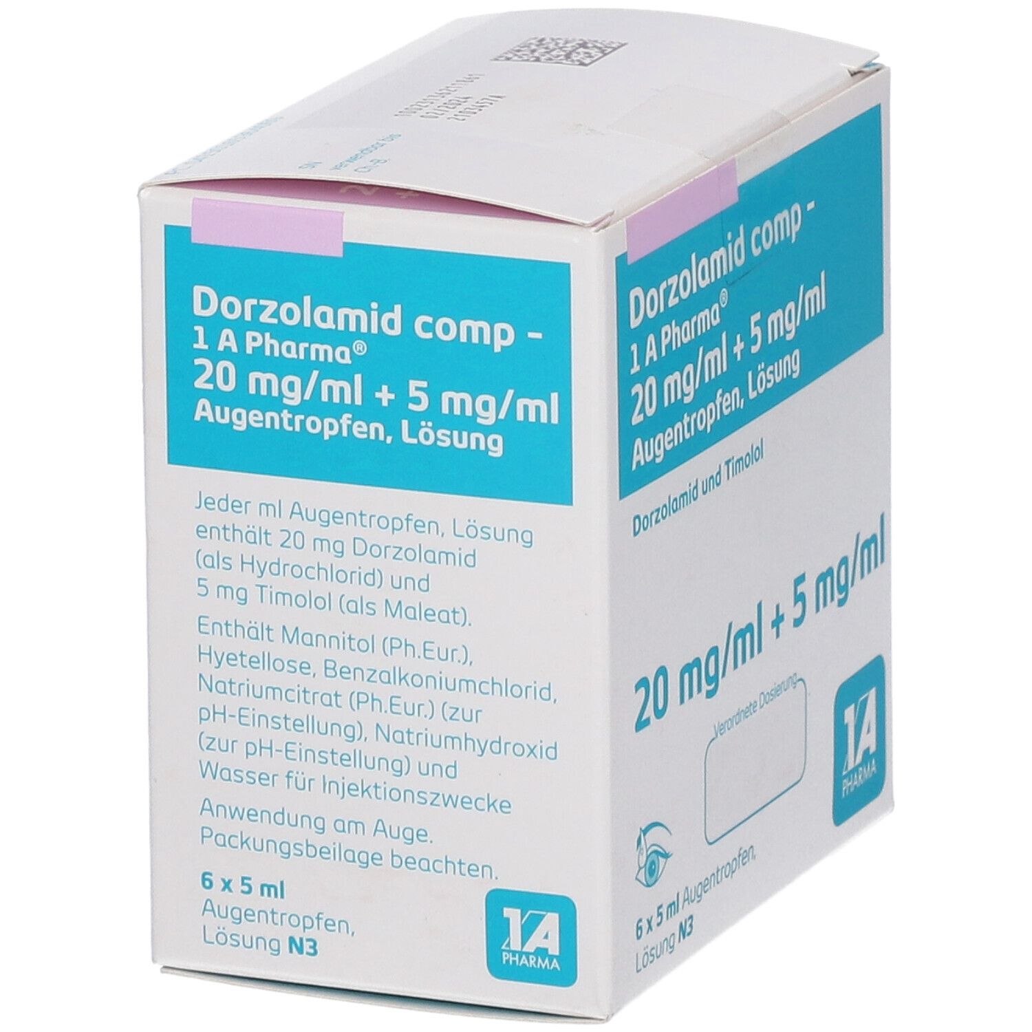 Verpackung von Dorzolamid comp - 1 A Pharma. Enthält 20 mg/ml + 5 mg/ml Augentropfen. Text über Inhaltsstoffe und Anwendung.