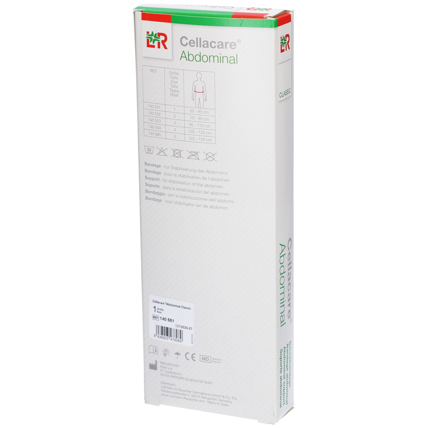 Rückseite der Cellacare Abdominal Classic Verpackung. Größenangaben, Logos, Produktinformationen.