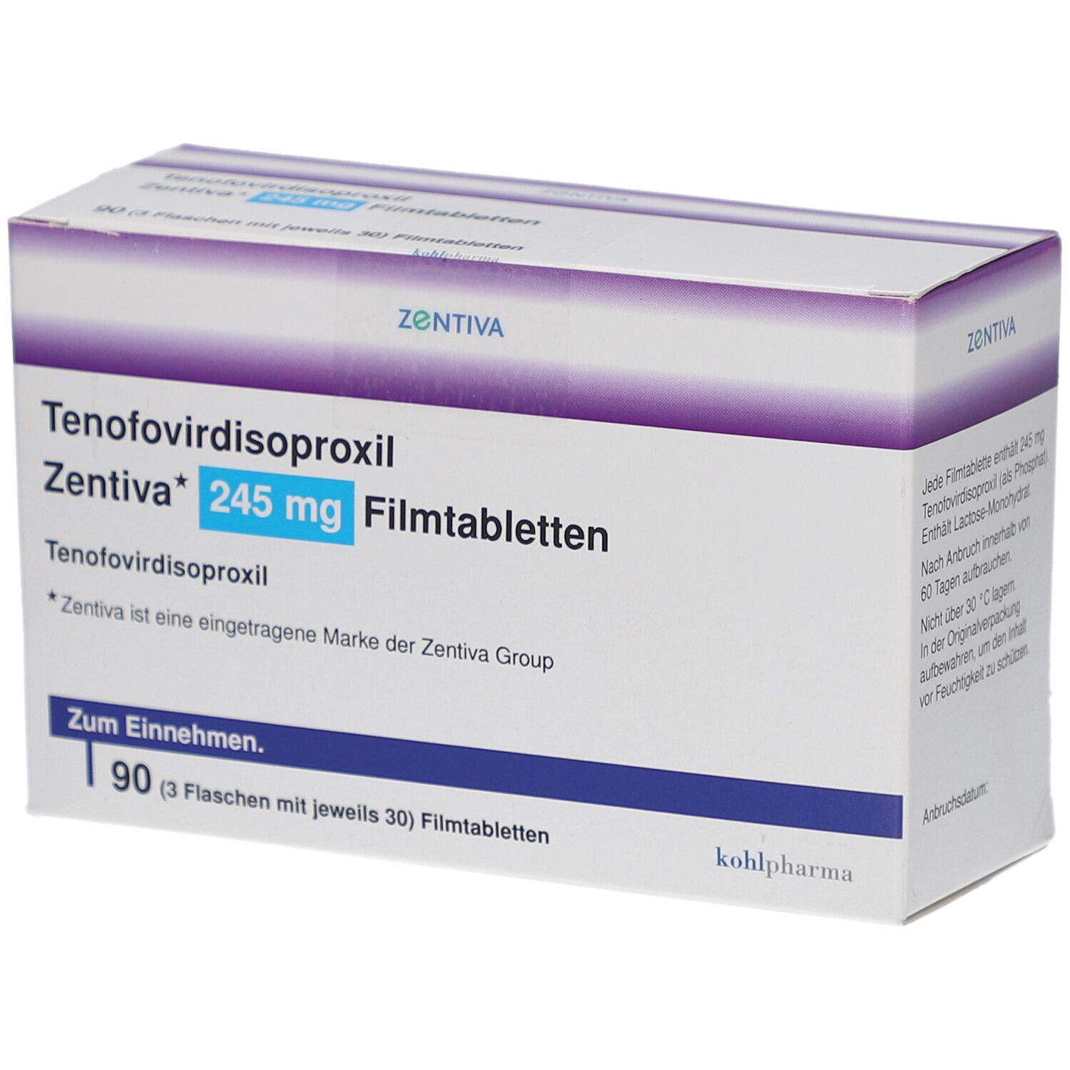 Schachtel mit Tenofovirdisoproxil Zentiva 245 mg Filmtabletten. 90 Tabletten. Marke Zentiva. Weiße Verpackung mit lila Akzenten.
