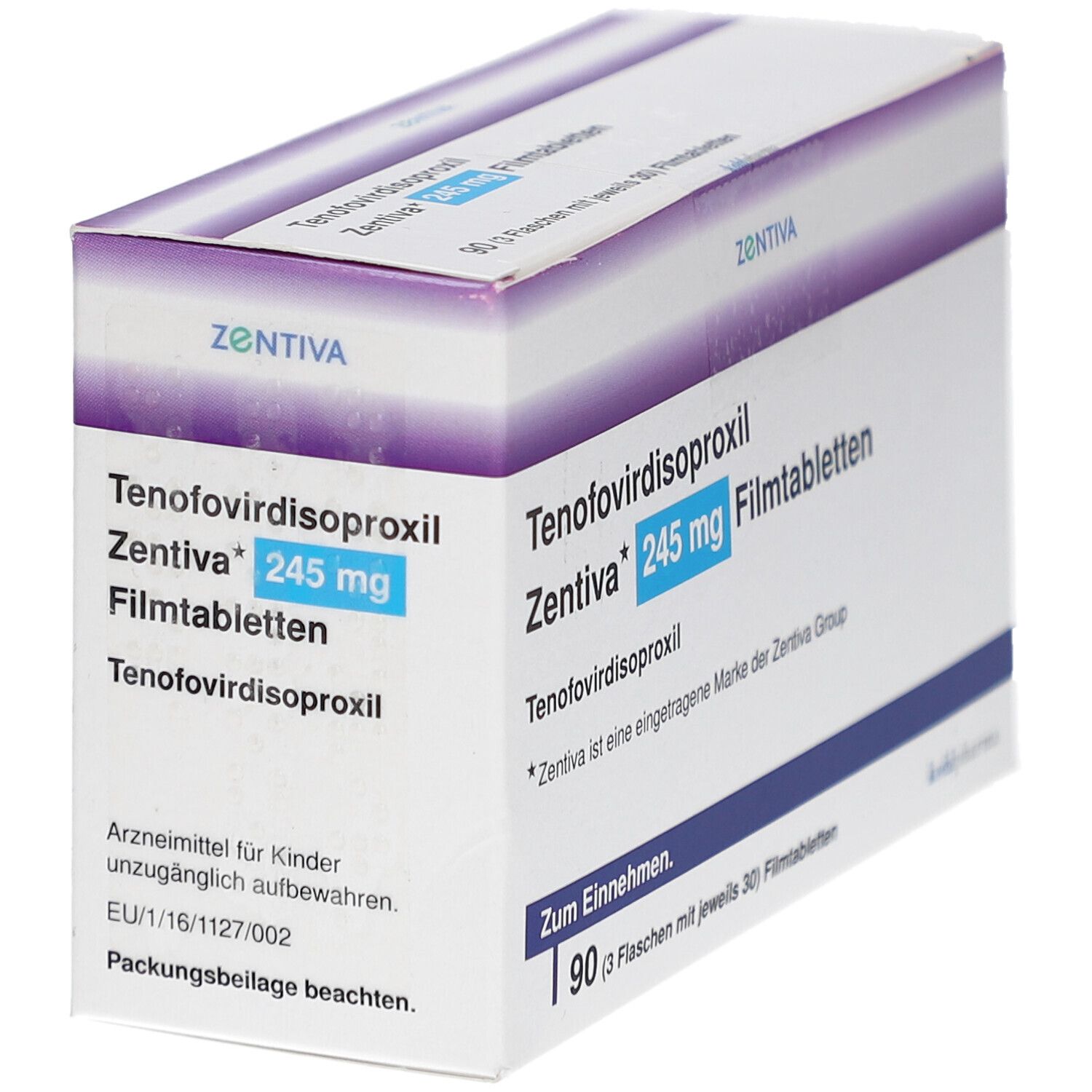Schachtel Tenofovirdisoproxil Zentiva 245 mg Filmtabletten. 90 Tabletten. Marke Zentiva. Weiße Verpackung mit lila Akzenten. Ansicht schräg.