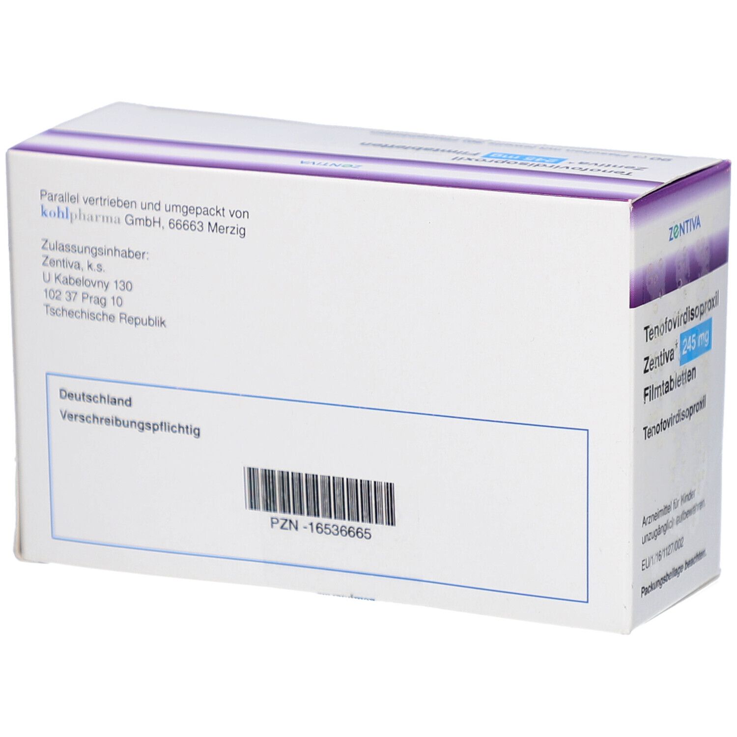 Rückseite der Schachtel Tenofovirdisoproxil Zentiva. Enthält Informationen wie Hersteller, Zulassung und Barcode. Weiße Verpackung.