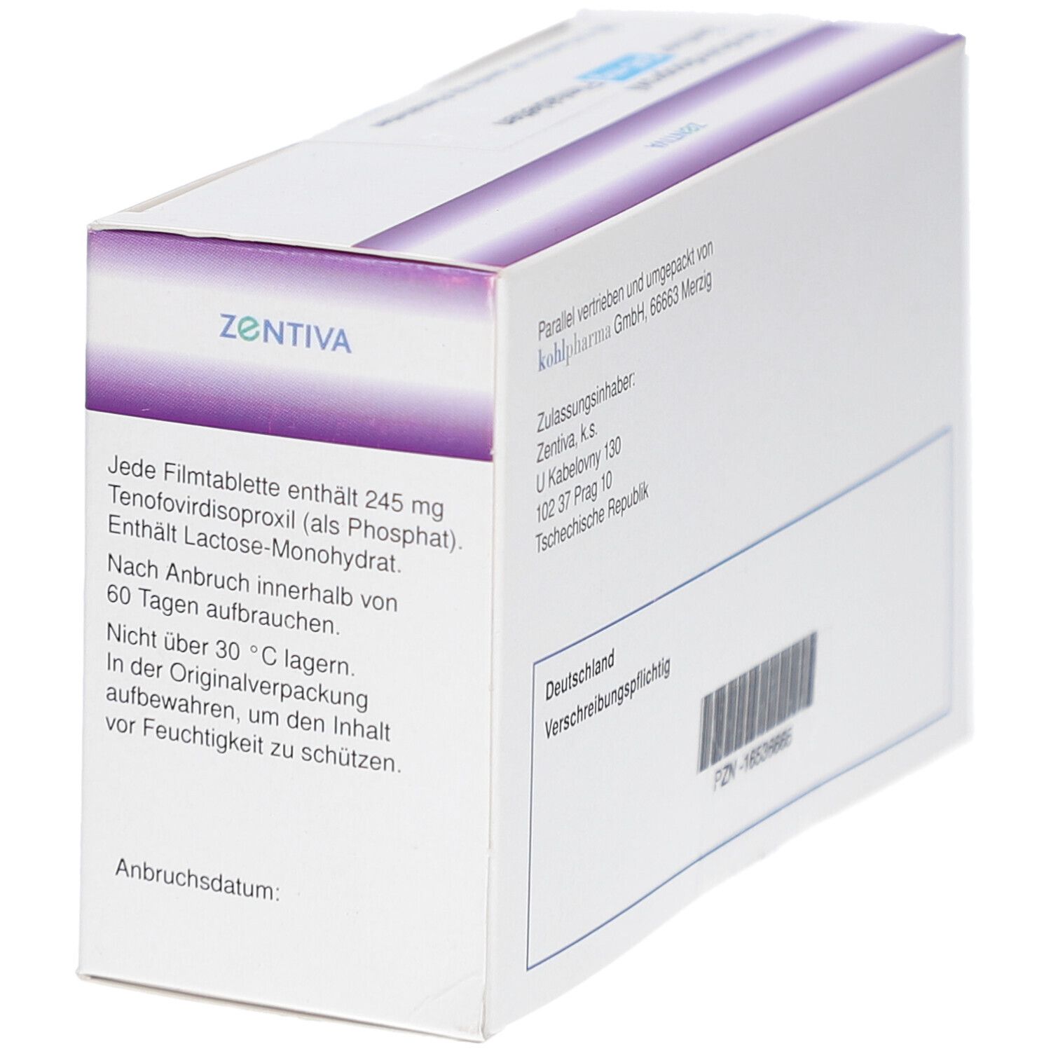 Seite der Schachtel Tenofovirdisoproxil Zentiva. Enthält Informationen wie Inhaltsstoffe, Lagerungshinweise und Verfallsdatum. Weiße Verpackung.