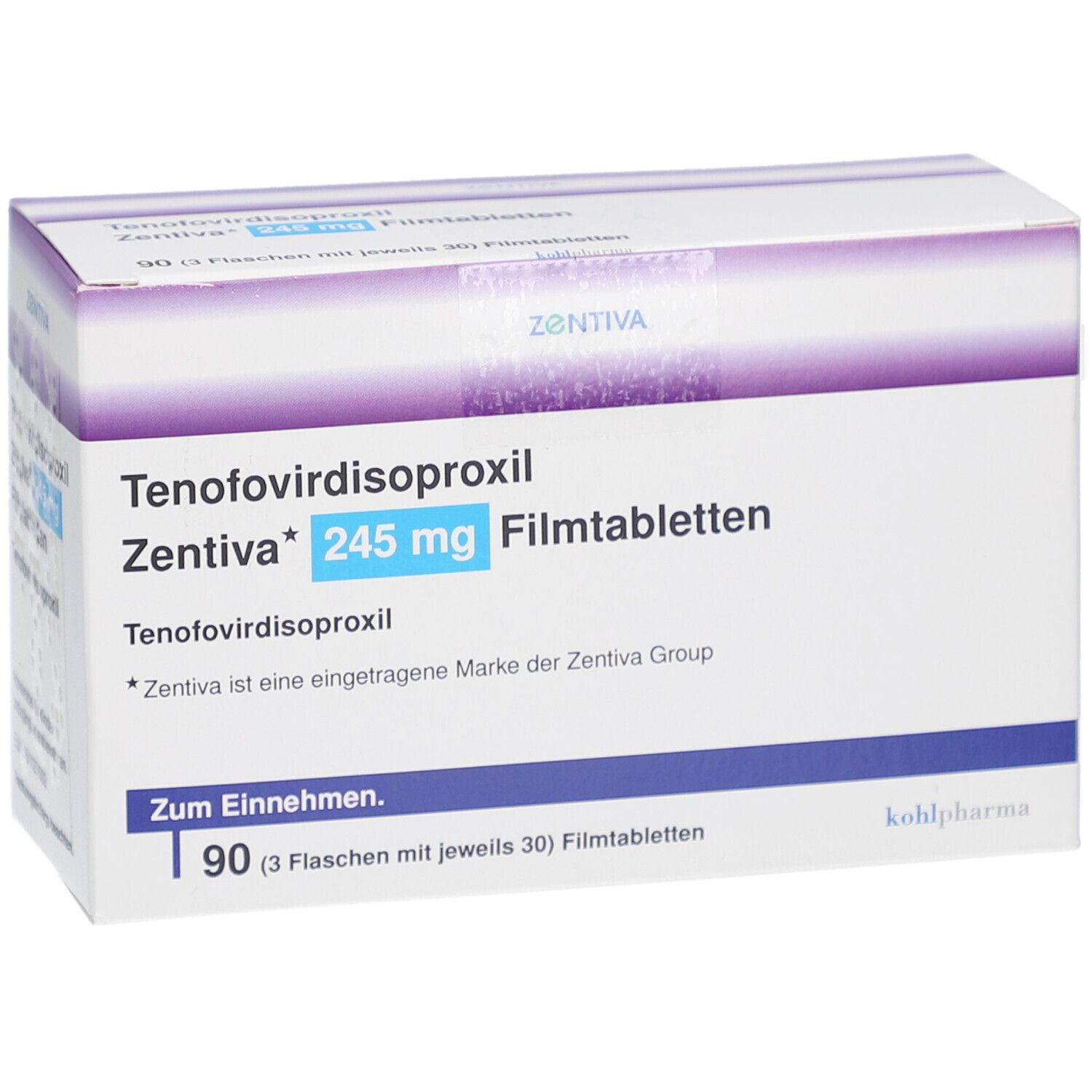 Schachtel mit Tenofovirdisoproxil Zentiva 245 mg Filmtabletten. 90 Tabletten. Marke Zentiva. Weiße Verpackung mit lila Akzenten.