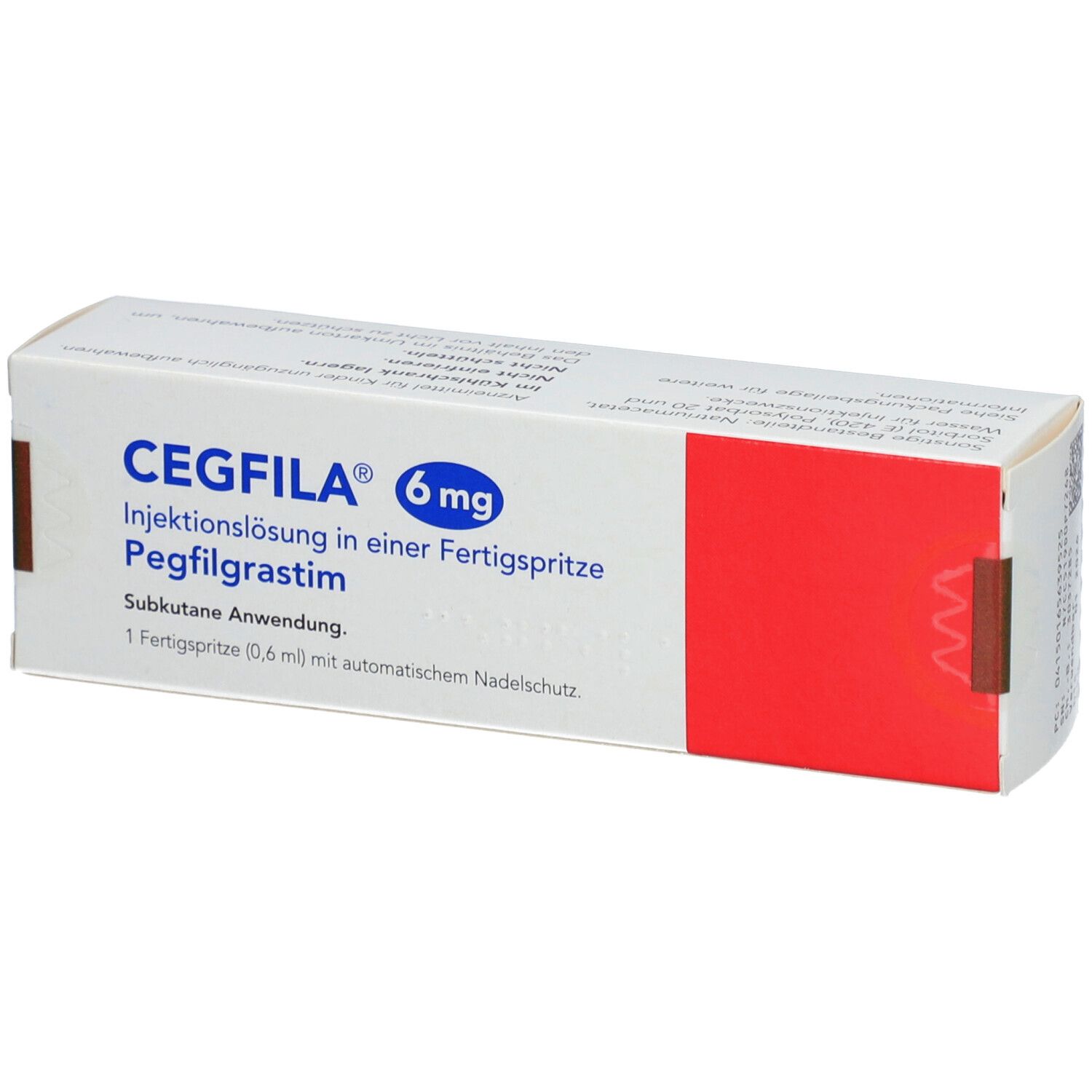 Karton CEGFILA 6 mg Injektionslösung. Aufschrift: Pegfilgrastim, Fertigspritze. Roter Akzent.