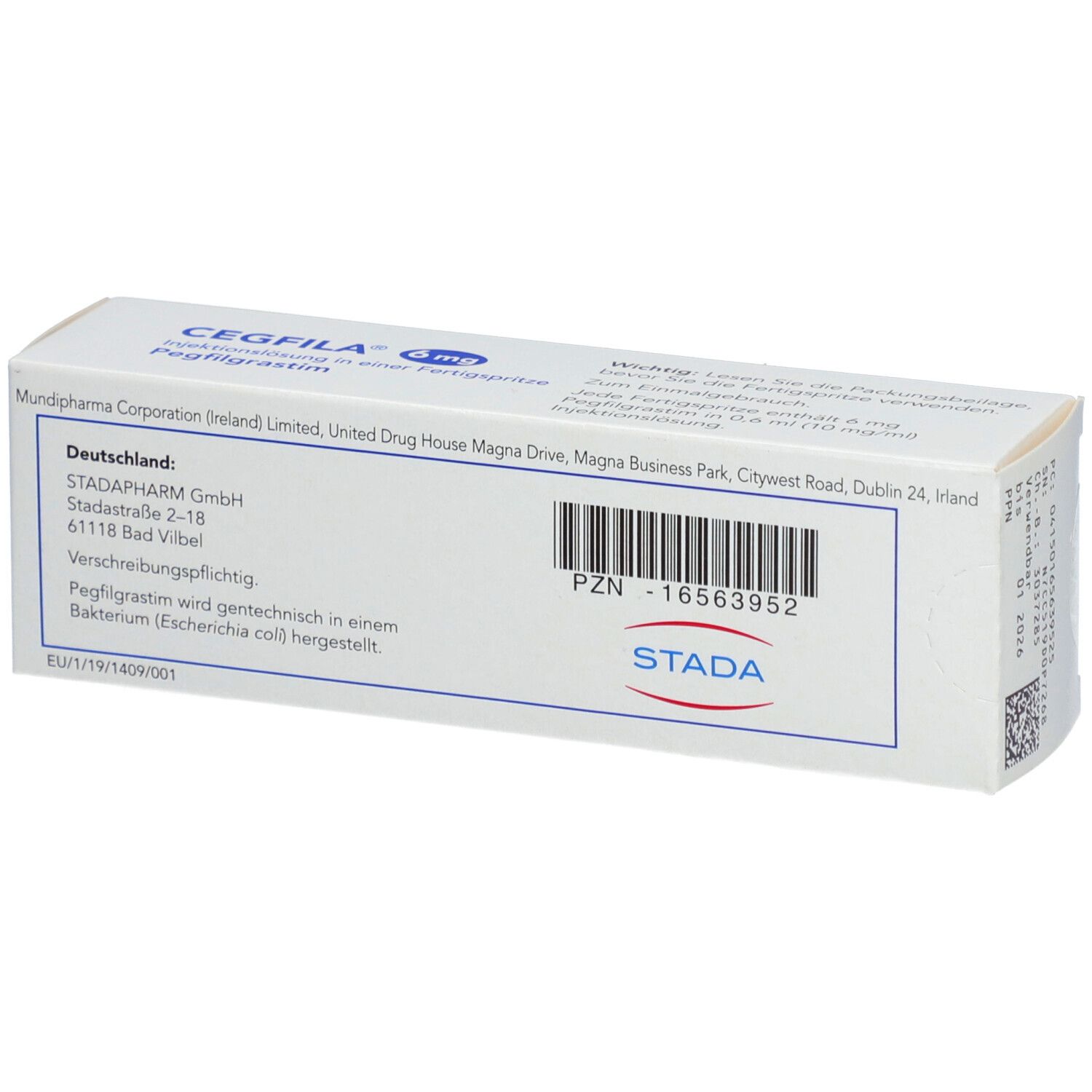 Karton CEGFILA 6 mg. Rückseite mit Text und PZN-Nummer. Herstellerinformationen und STADA-Logo.