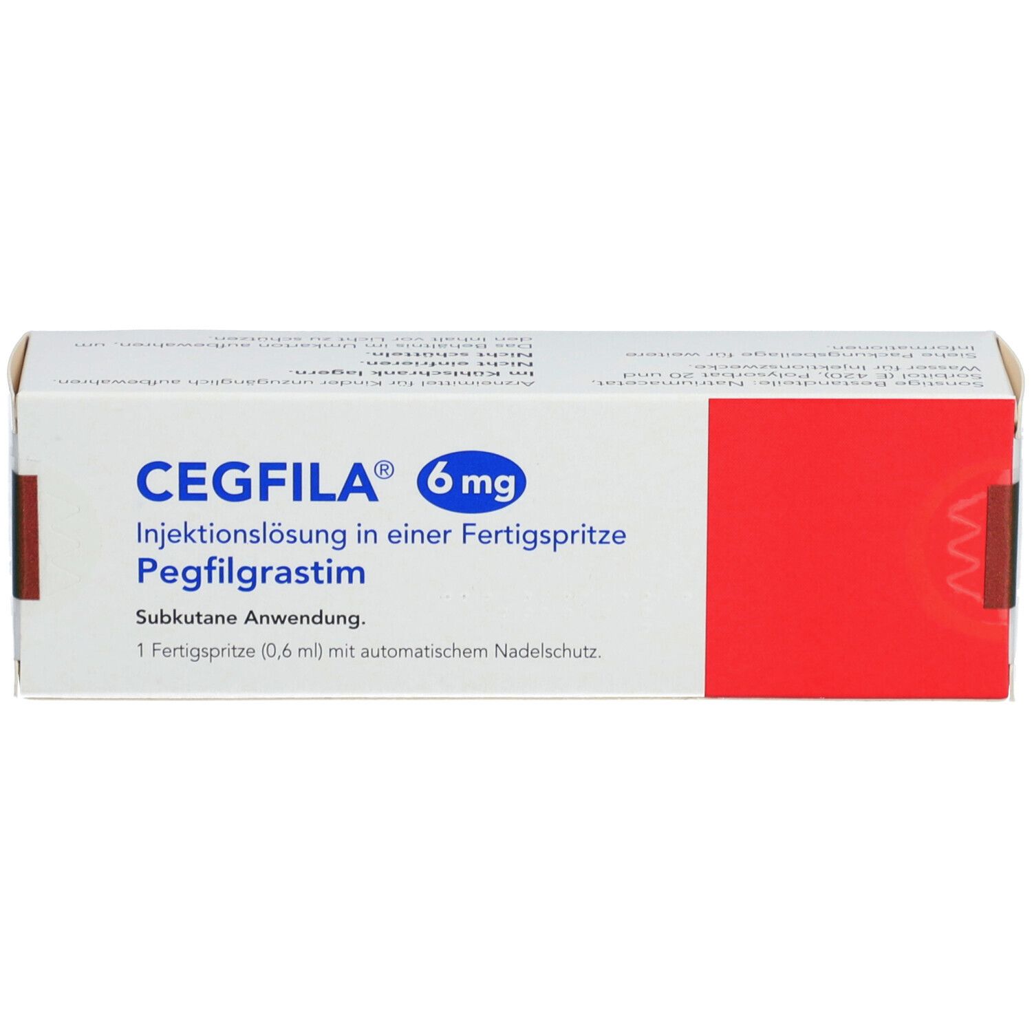 Karton CEGFILA 6 mg Injektionslösung. Aufschrift: Pegfilgrastim, Fertigspritze. Roter Akzent.