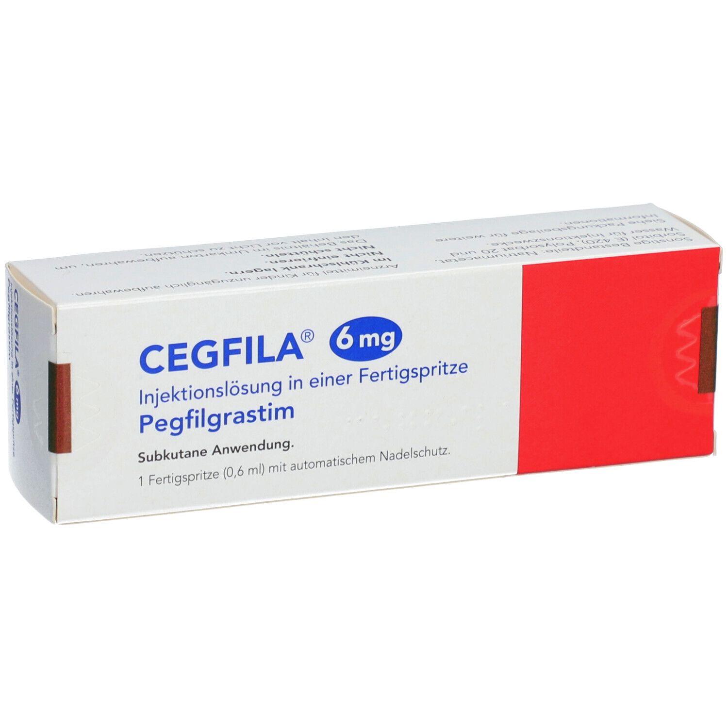 Karton CEGFILA 6 mg Injektionslösung. Aufschrift: Pegfilgrastim, Fertigspritze. Roter Akzent.