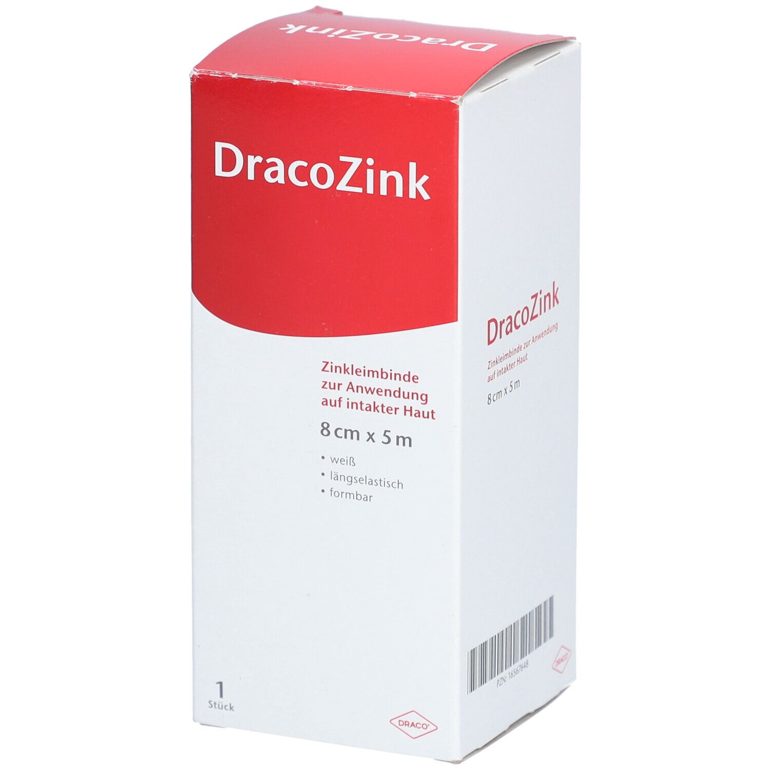 Verpackung DracoZink Zinkleimbinde, 8 cm x 5 m, weiß, längselastisch, formbar.