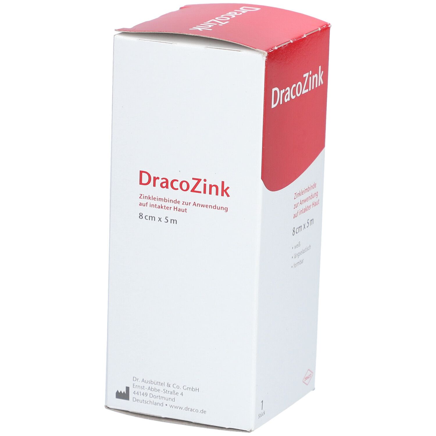 Verpackung DracoZink Zinkleimbinde, 8 cm x 5 m, weiß, längselastisch, formbar.