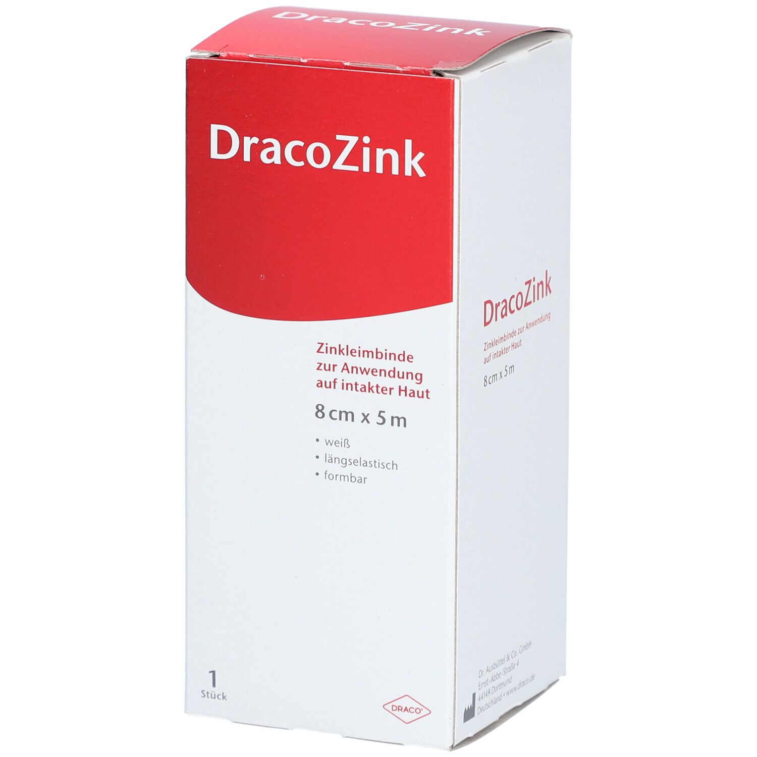 Verpackung DracoZink Zinkleimbinde, 8 cm x 5 m, weiß, längselastisch, formbar.