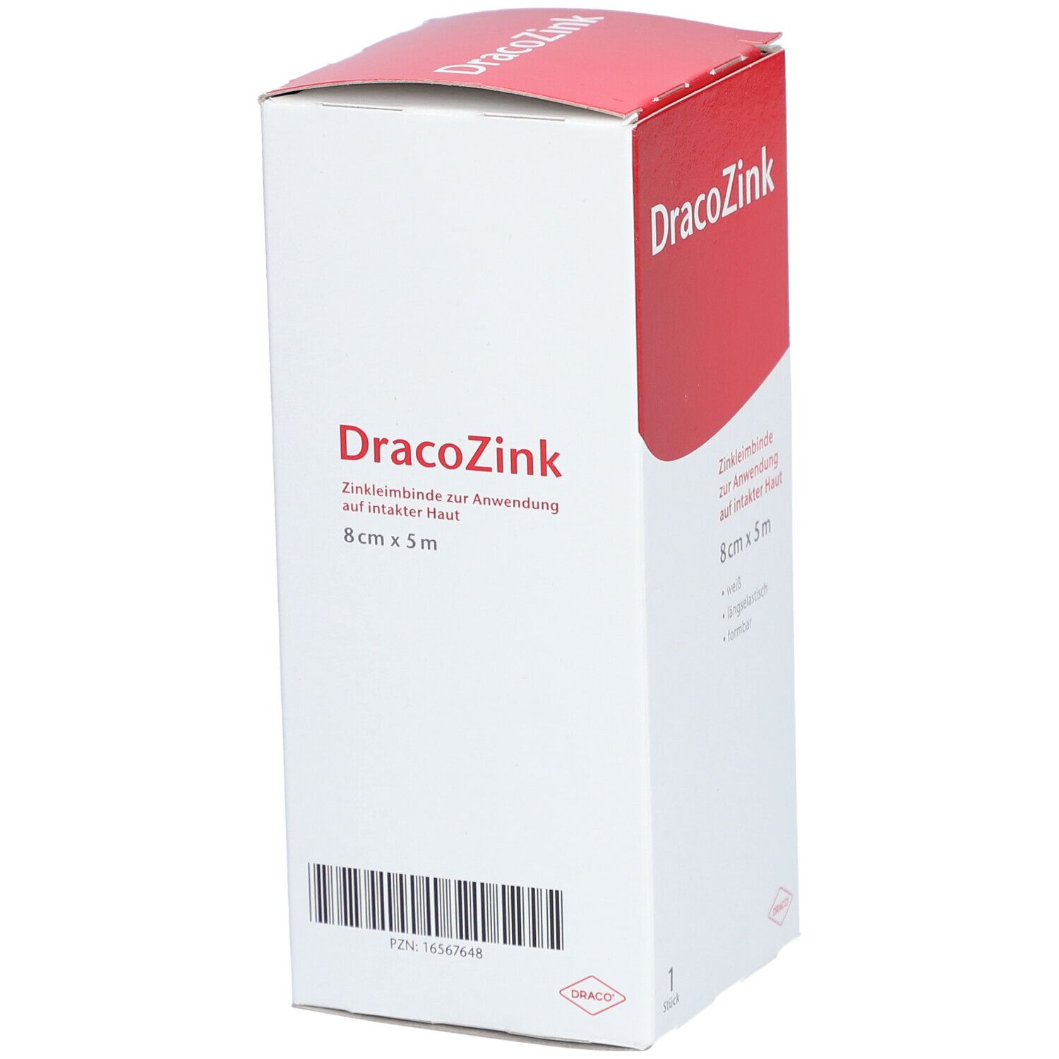 Verpackung DracoZink Zinkleimbinde, 8 cm x 5 m, weiß, längselastisch, formbar.