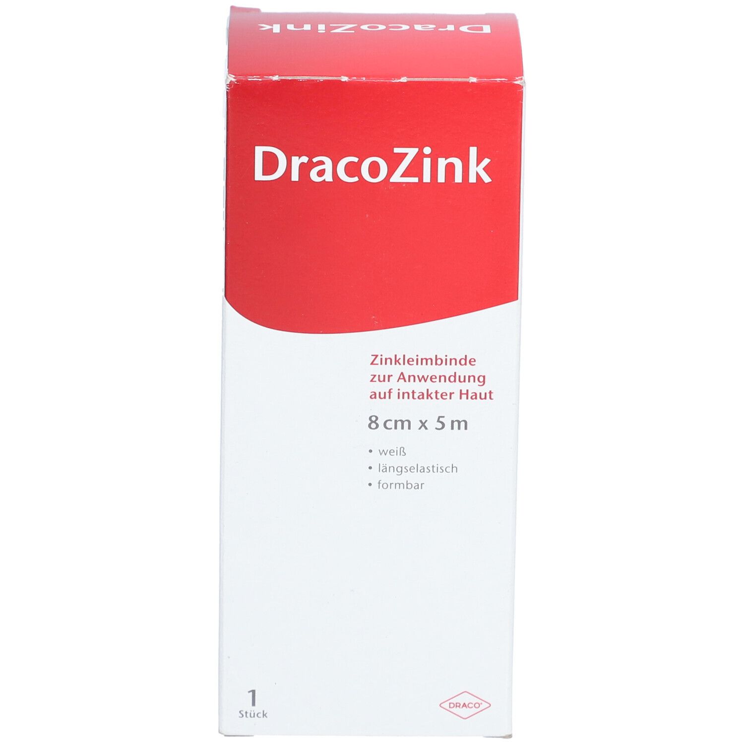 Verpackung DracoZink Zinkleimbinde, 8 cm x 5 m, weiß, längselastisch, formbar.