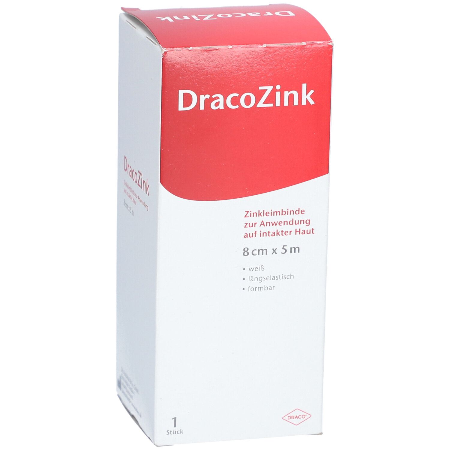 Verpackung DracoZink Zinkleimbinde, 8 cm x 5 m, weiß, längselastisch, formbar.