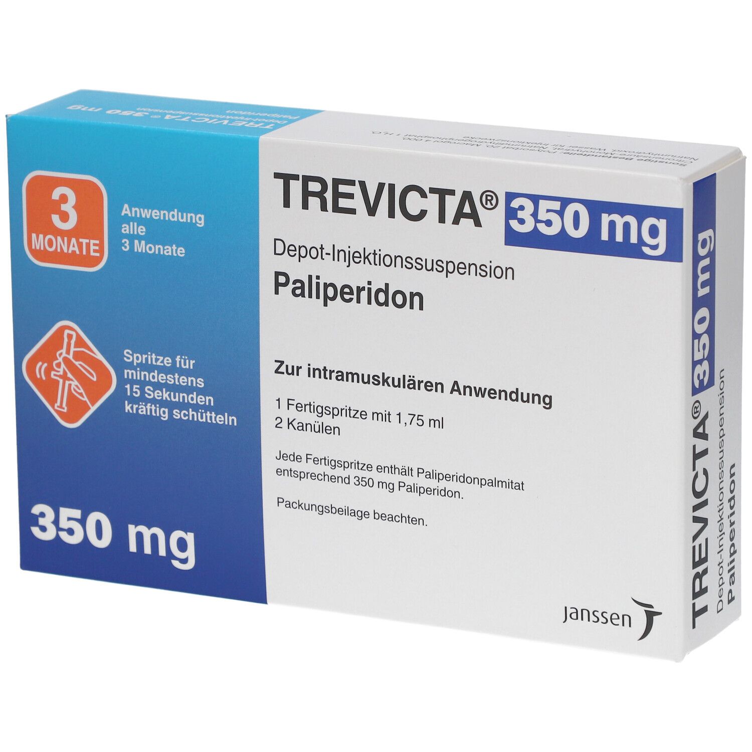 Verpackung von TREVICTA 350 mg. Enthält Depot-Injektionssuspension, Palipderidon. Mit 3-Monats-Anwendung und Spritzen-Symbol.