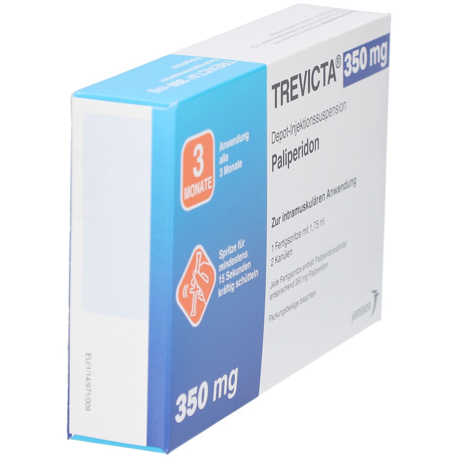 Schrägansicht der TREVICTA 350 mg Verpackung. Blaue und weiße Farbgebung. Text: Depot-Injektionssuspension, Palipderidon.