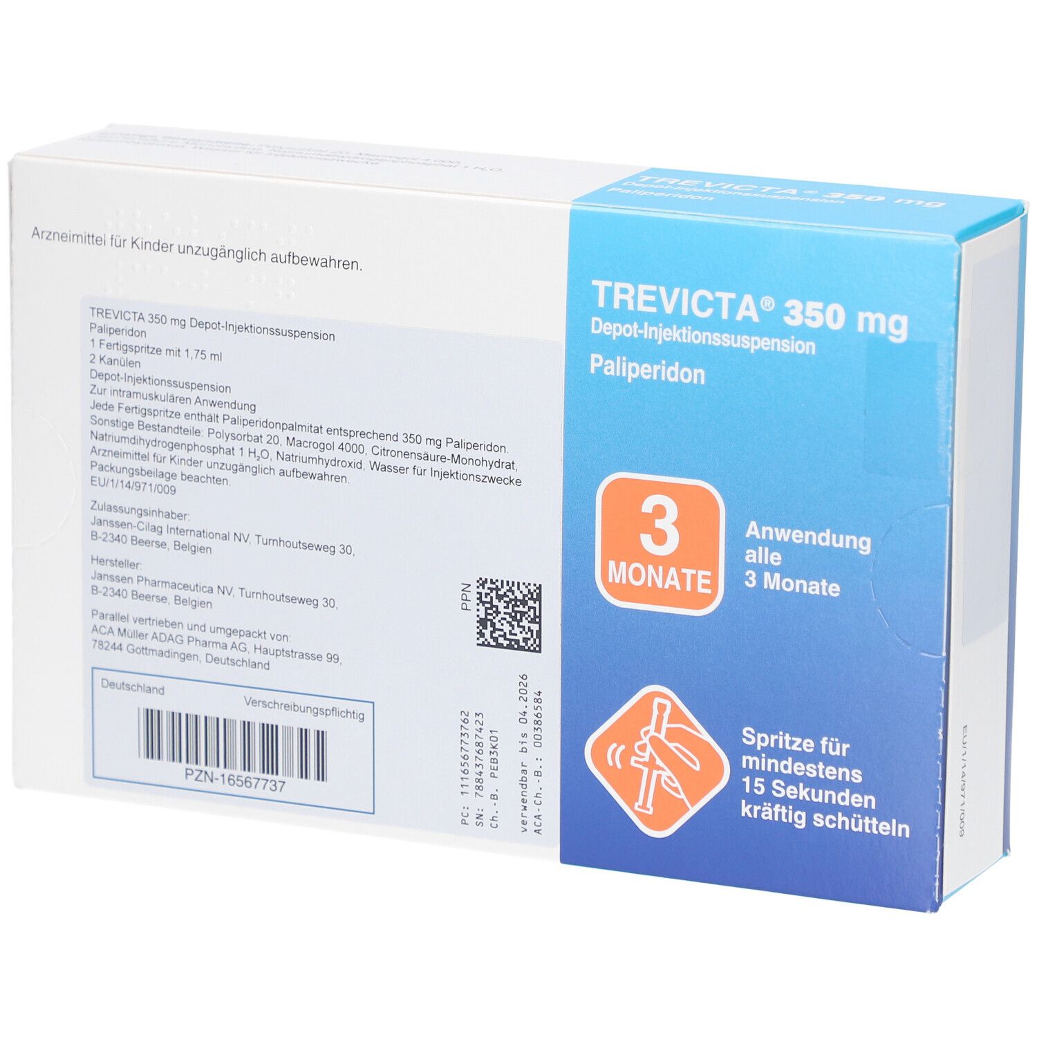 Rückseite der TREVICTA 350 mg Verpackung. Enthält Informationen zu Inhaltsstoffen und Hersteller. Mit QR-Code.