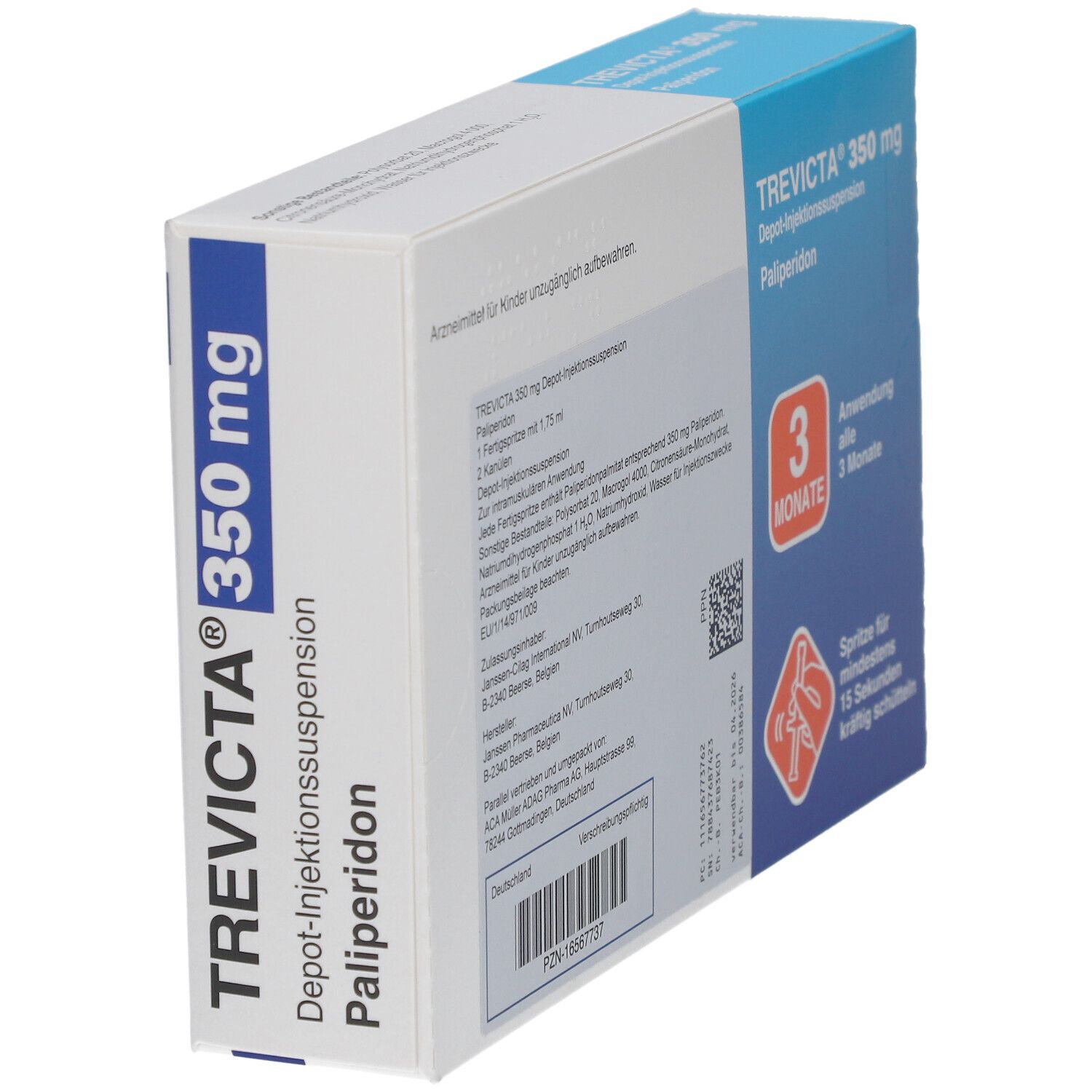 Schrägansicht der TREVICTA 350 mg Verpackung. Deutlich sichtbar: Depot-Injektionssuspension, Palipderidon, 350 mg.