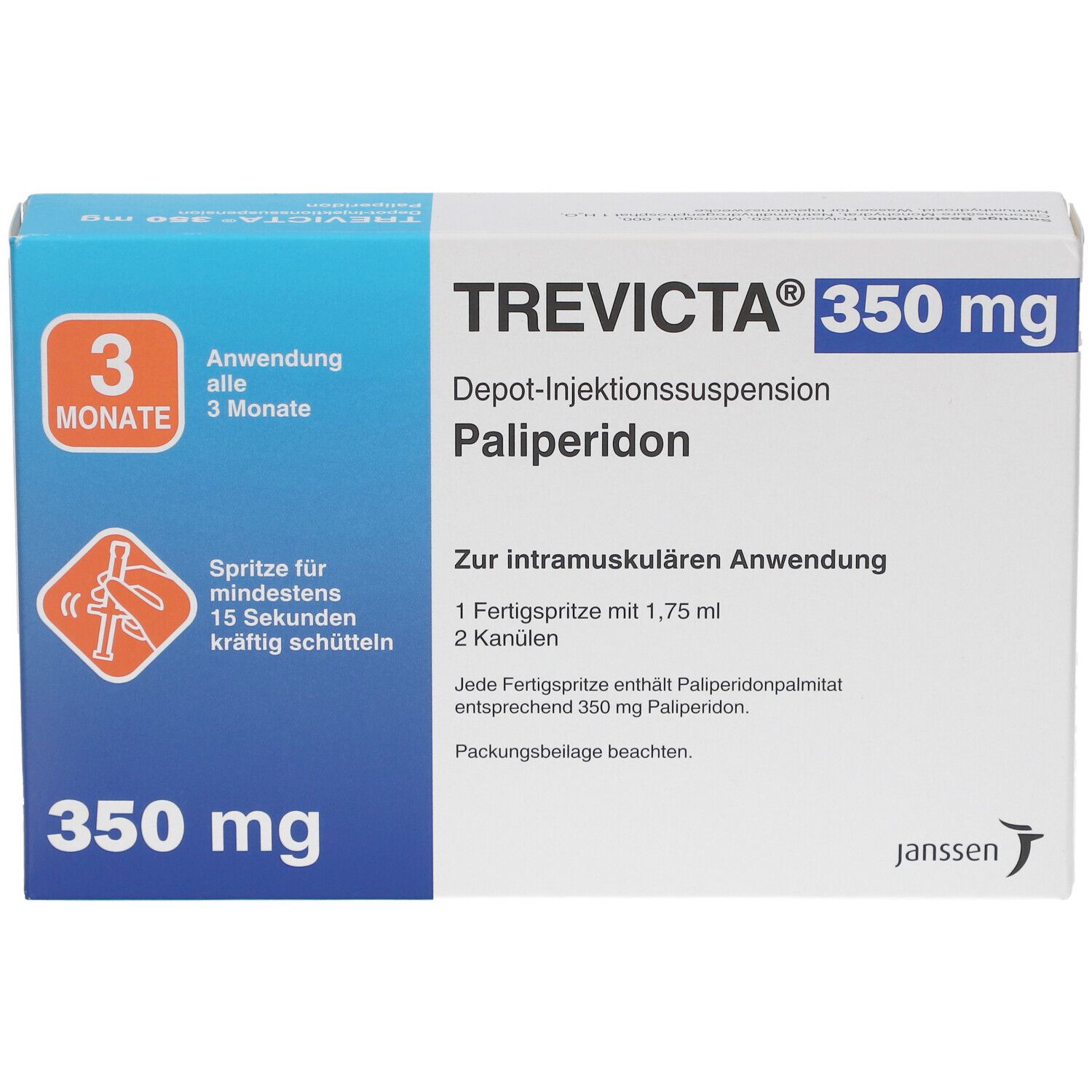TREVICTA 350 mg Verpackung. Enthält Depot-Injektionssuspension, Palipderidon. Mit 3-Monats-Anwendung und Spritzen-Symbol.