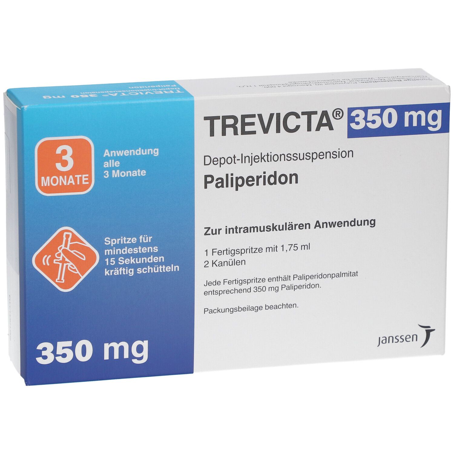 TREVICTA 350 mg Verpackung. Enthält Depot-Injektionssuspension, Palipderidon. Mit 3-Monats-Anwendung und Spritzen-Symbol.