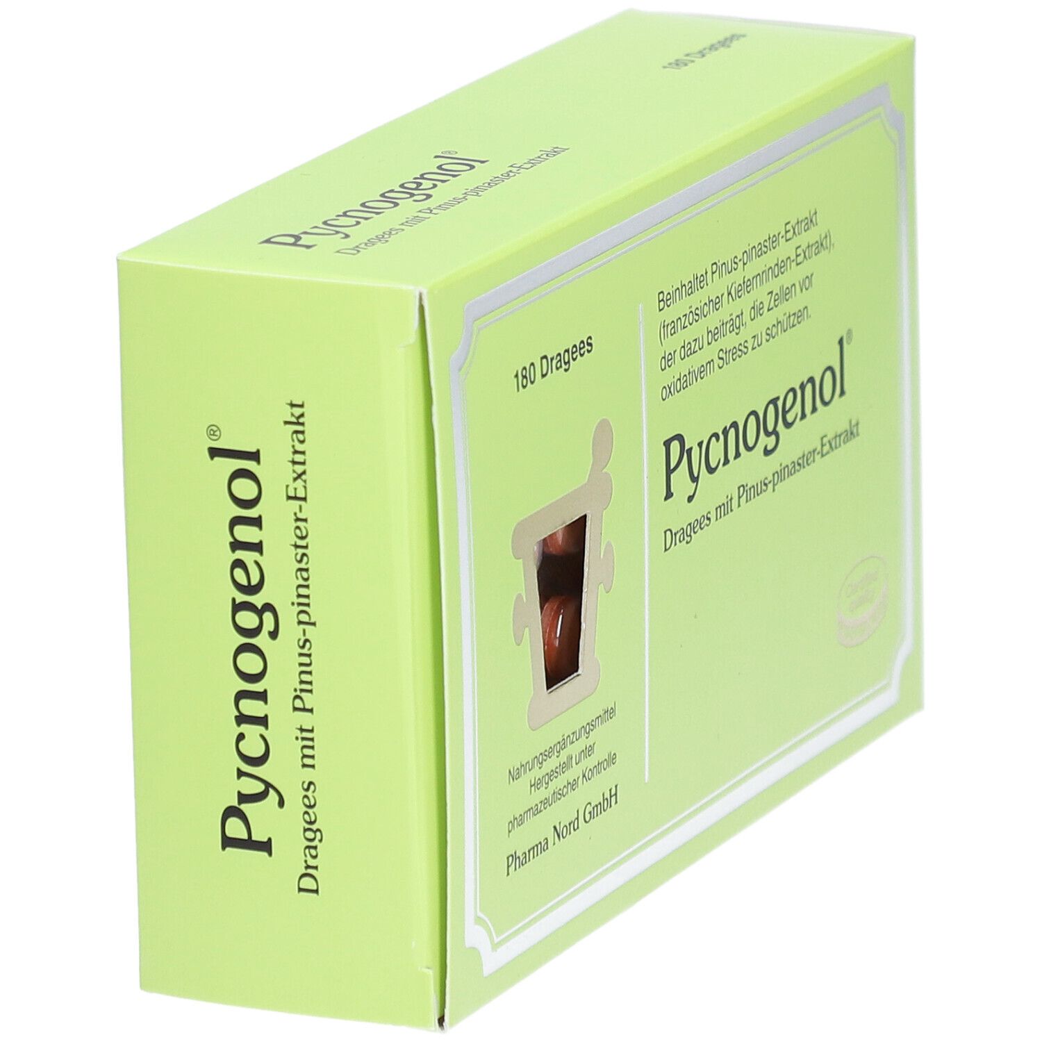 Hellgrüne Schachtel Pycnogenol®-Dragees. Sichtfenster zeigt Tabletten. Text: 180 Dragees, Pharma Nord GmbH.