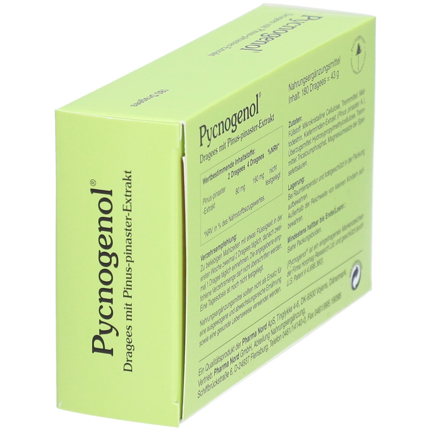 Schachtel Pycnogenol®-Dragees, hellgrün. Text: Inhaltsstoffe, Dosierung, Lagerung, Mindesthaltbarkeit, Pharma Nord.