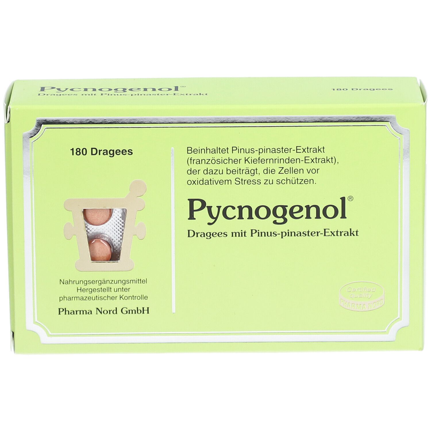 Hellgrüne Schachtel mit Pycnogenol®-Dragees. Sichtfenster zeigt Tabletten. Text: 180 Dragees, Pharma Nord GmbH.