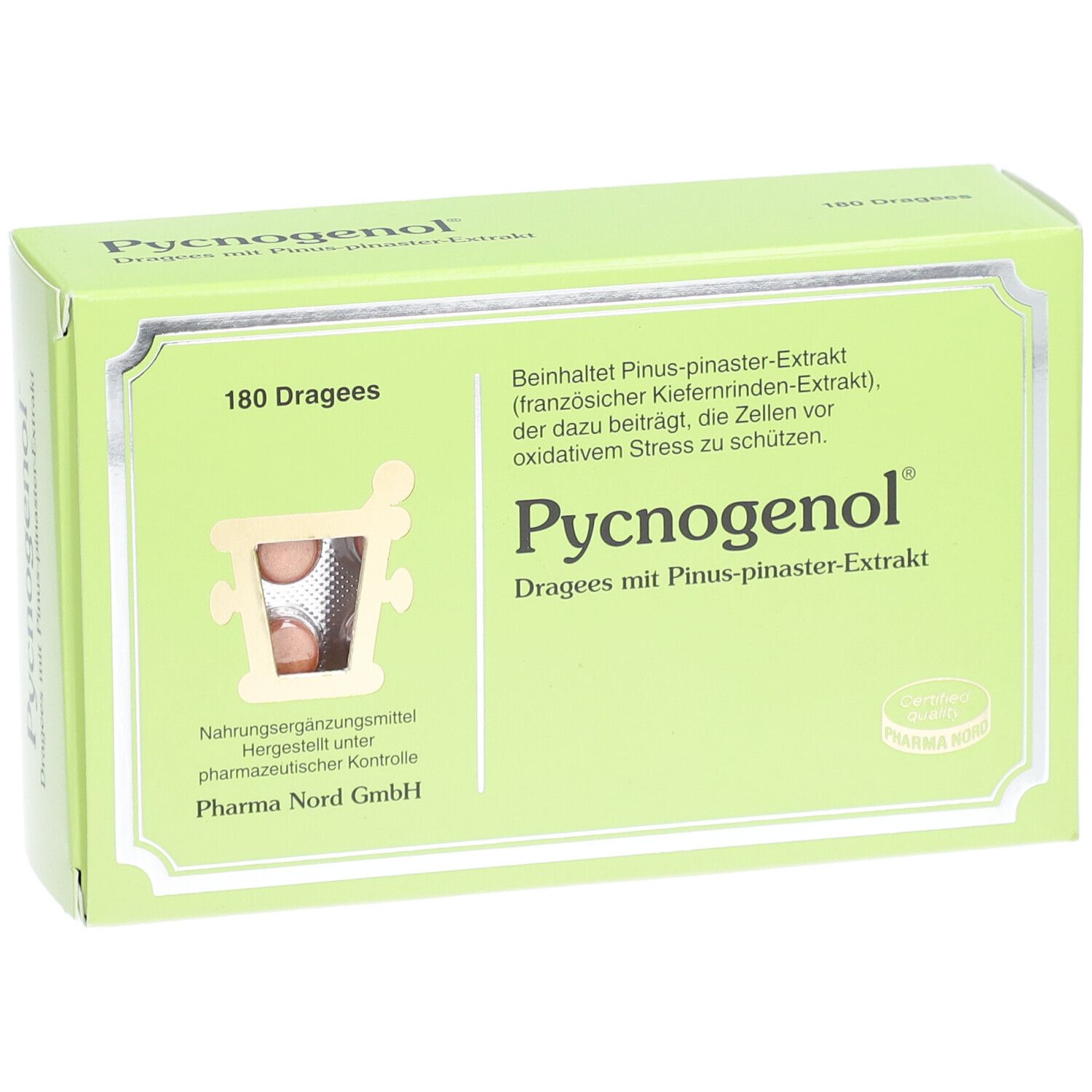 Hellgrüne Schachtel mit Pycnogenol®-Dragees. Sichtfenster zeigt Tabletten. Text: 180 Dragees, Pharma Nord GmbH.