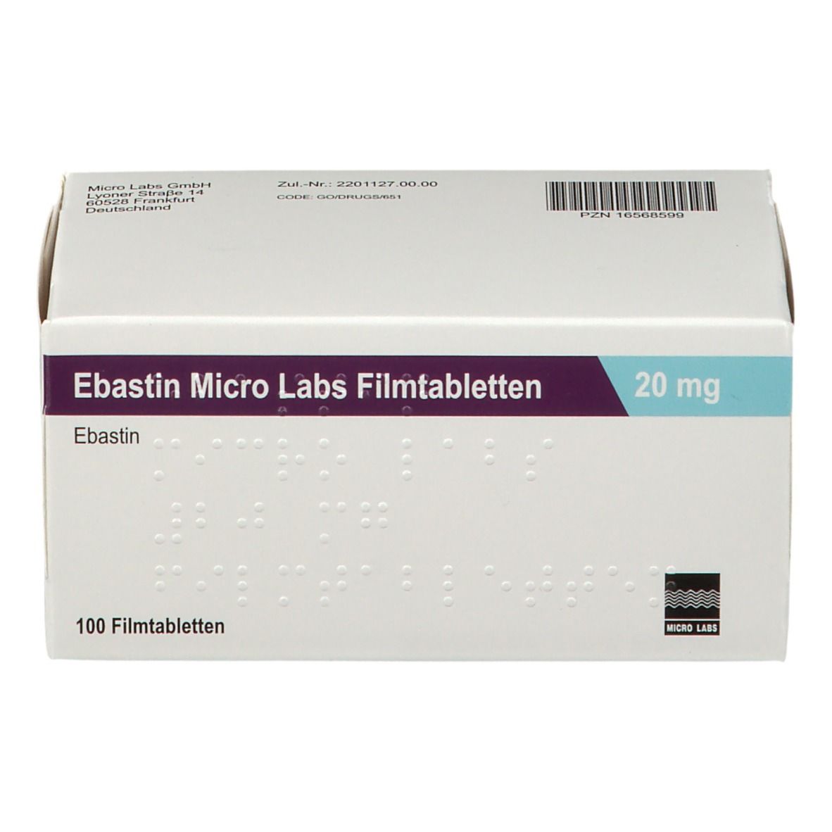 Verpackung von Ebastin Micro Labs Filmtabletten, 20 mg, mit Brailleschrift und Herstellerlogo.
