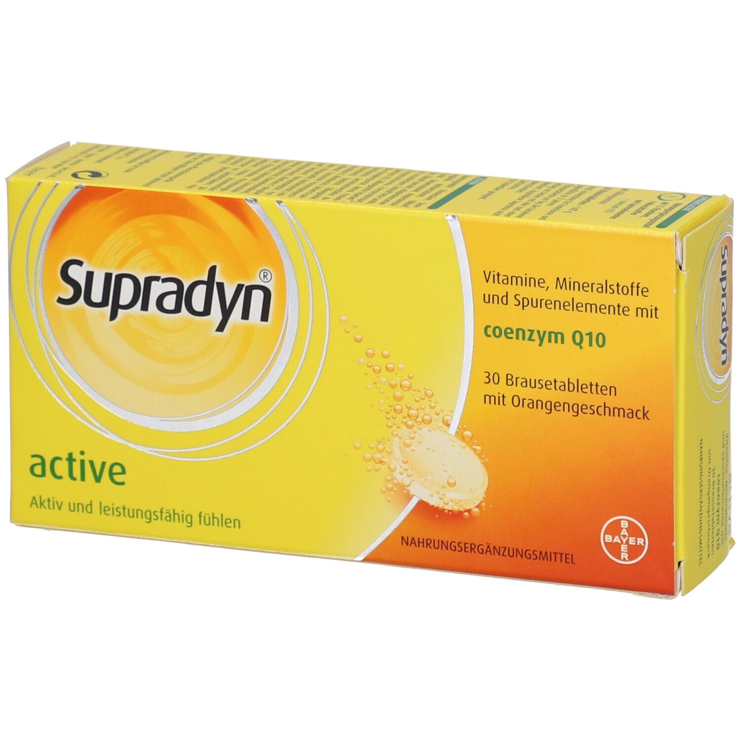 Gelbe Schachtel mit SUPRADYN active. Enthält 30 Brausetabletten mit Orangengeschmack. Aufdrucke: Vitamine, Mineralstoffe, Spurenelemente.