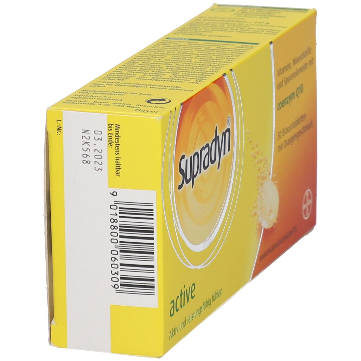 Gelbe Schachtel SUPRADYN active. Barcode und Mindesthaltbarkeitsdatum 03.2023. Aufdruck: 30 Brausetabletten mit Orangengeschmack.