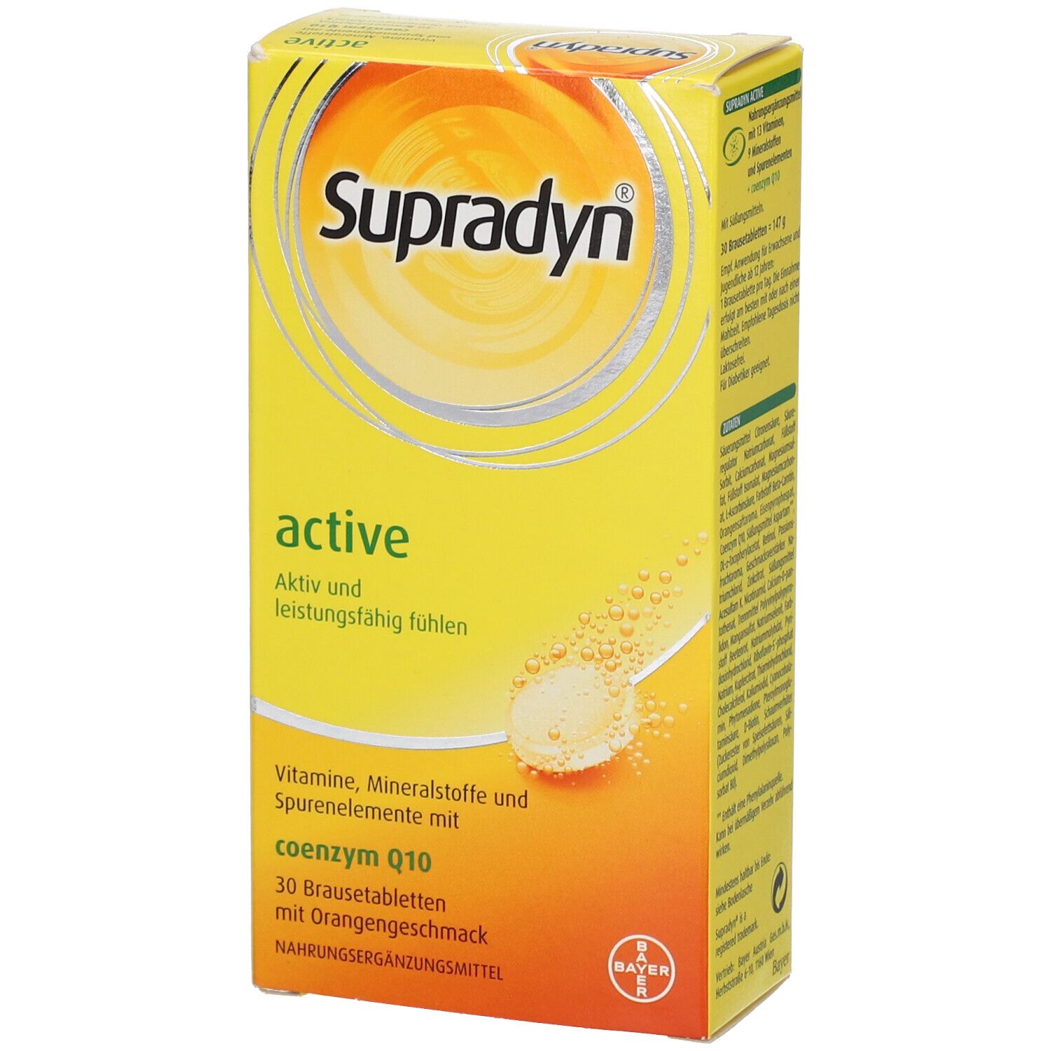Gelbe Schachtel SUPRADYN active. Aufdrucke: Vitamine, Mineralstoffe, Spurenelemente, 30 Brausetabletten mit Orangengeschmack.