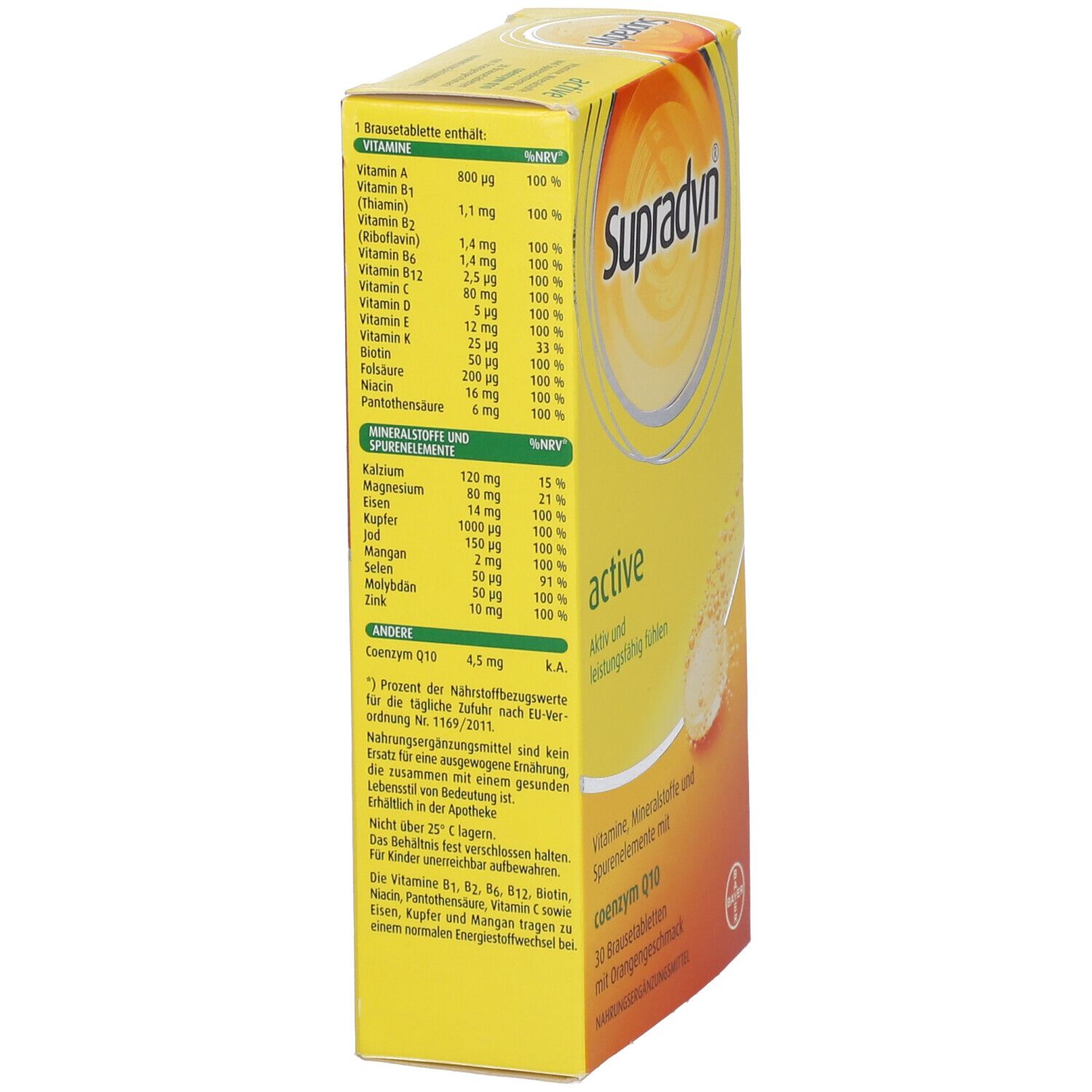 Gelbe Schachtel SUPRADYN active. Aufgedruckte Nährwerttabelle mit Vitaminen, Mineralstoffen und Spurenelementen.