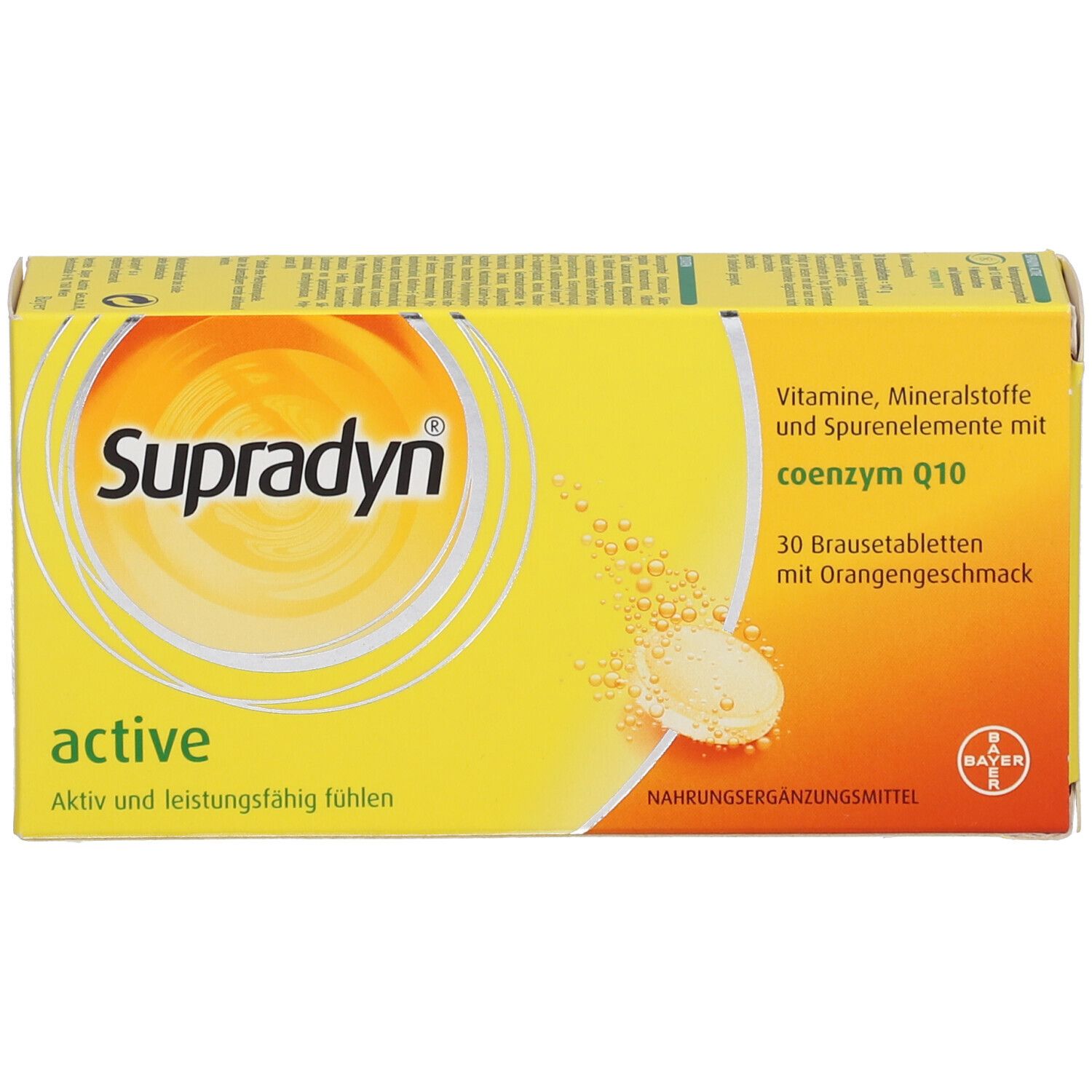 Gelbe Schachtel SUPRADYN active. Aufdrucke: Vitamine, Mineralstoffe, Spurenelemente, 30 Brausetabletten mit Orangengeschmack.