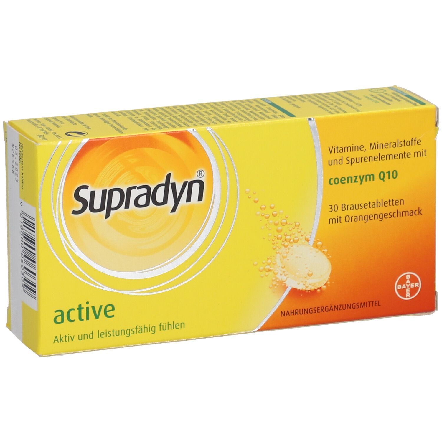 Gelbe Schachtel SUPRADYN active. Aufdrucke: Vitamine, Mineralstoffe, Spurenelemente, 30 Brausetabletten mit Orangengeschmack.