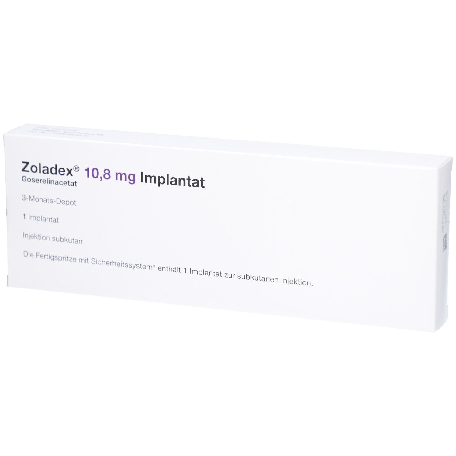 Weiße rechteckige Verpackung. Aufschrift: ZOLADEX 10,8 mg Implantat. Weitere Textzeilen.