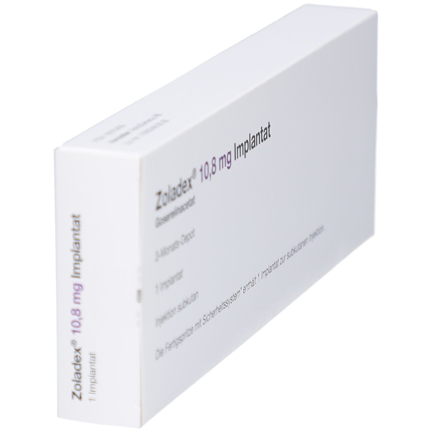 Weiße rechteckige Verpackung, schräg. Aufschrift: ZOLADEX 10,8 mg Implantat. Weitere Textzeilen.