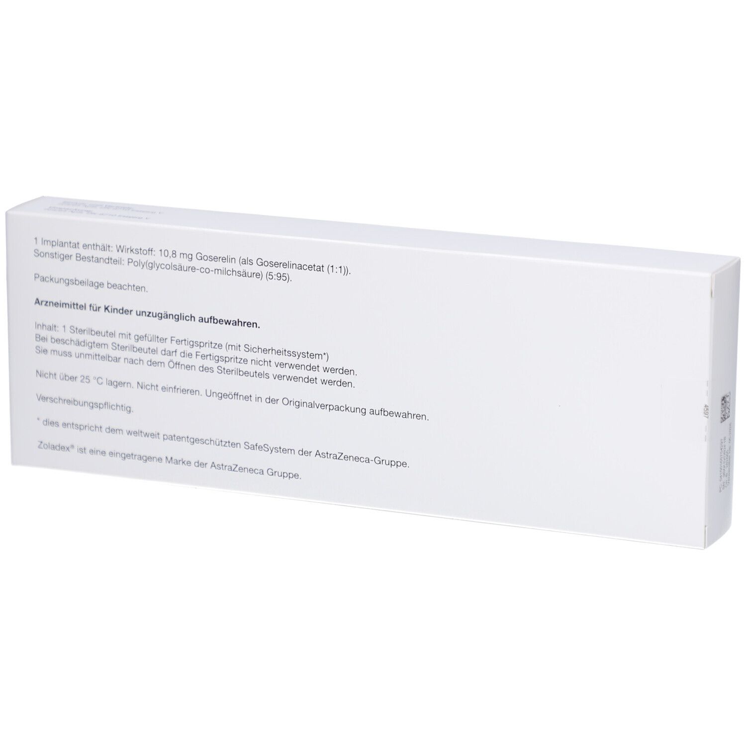 Rückseite der weißen rechteckigen Verpackung. Text: Wirkstoff, Packungsbeilage, Hinweise.