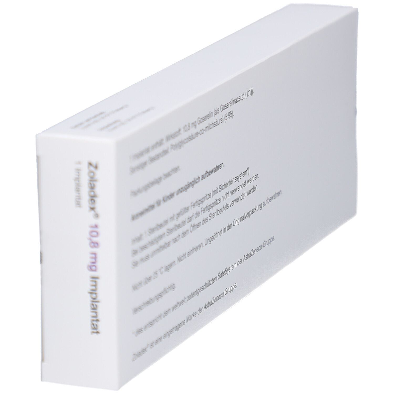 Rückseite der weißen rechteckigen Verpackung, schräg. Text: Wirkstoff, Packungsbeilage, Hinweise.