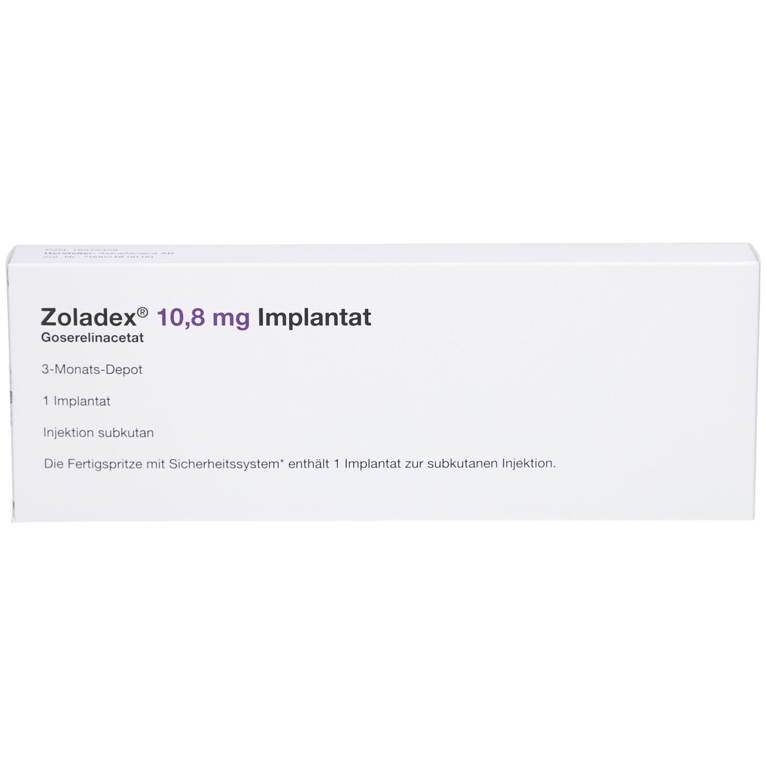 Weiße rechteckige Verpackung. Aufschrift: ZOLADEX 10,8 mg Implantat. Weitere Textzeilen.