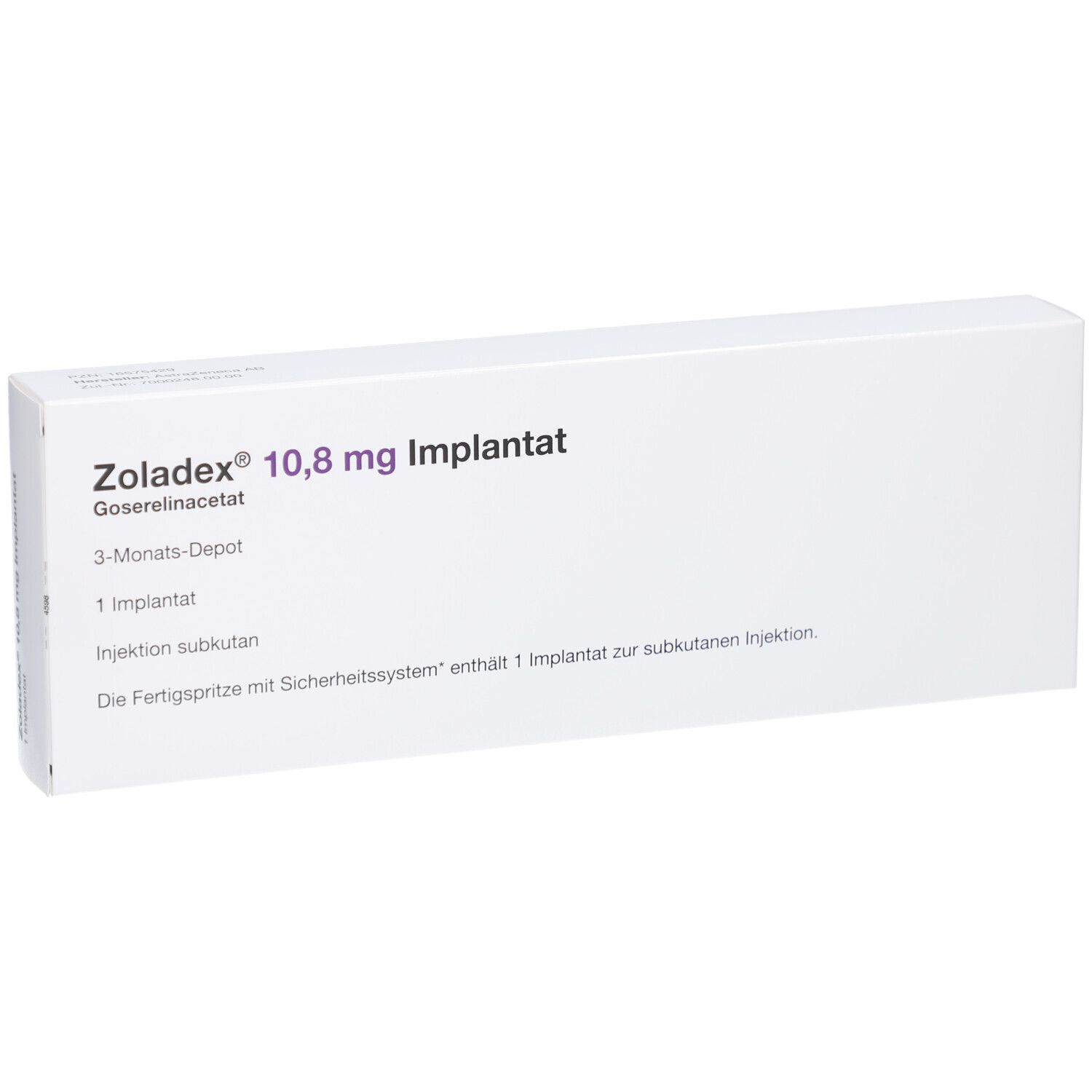 Weiße rechteckige Verpackung. Aufschrift: ZOLADEX 10,8 mg Implantat. Weitere Textzeilen.