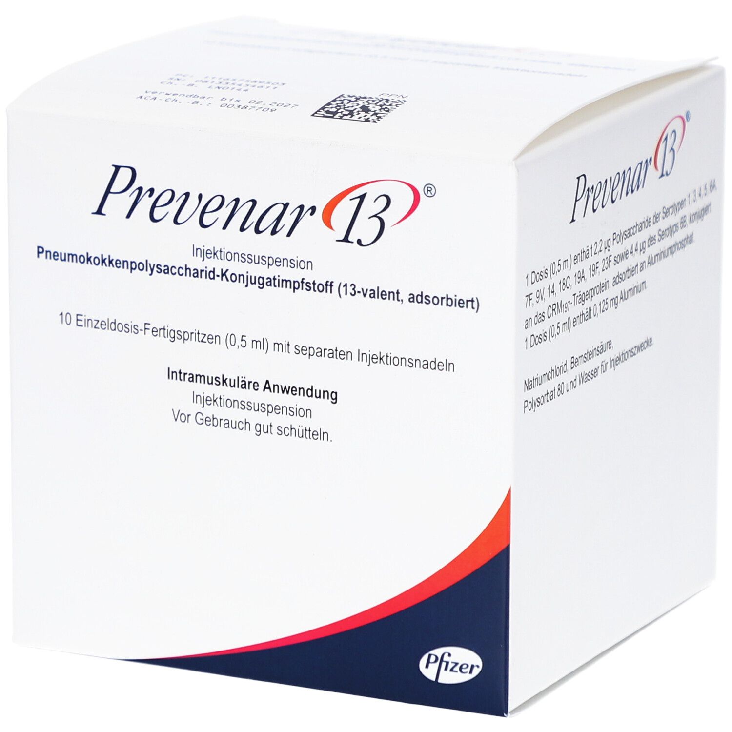 Schachtel mit Prevenar 13 Injektionssuspension. Enthält 10 Fertigspritzen. Rote und blaue Akzente. Pfizer-Logo.