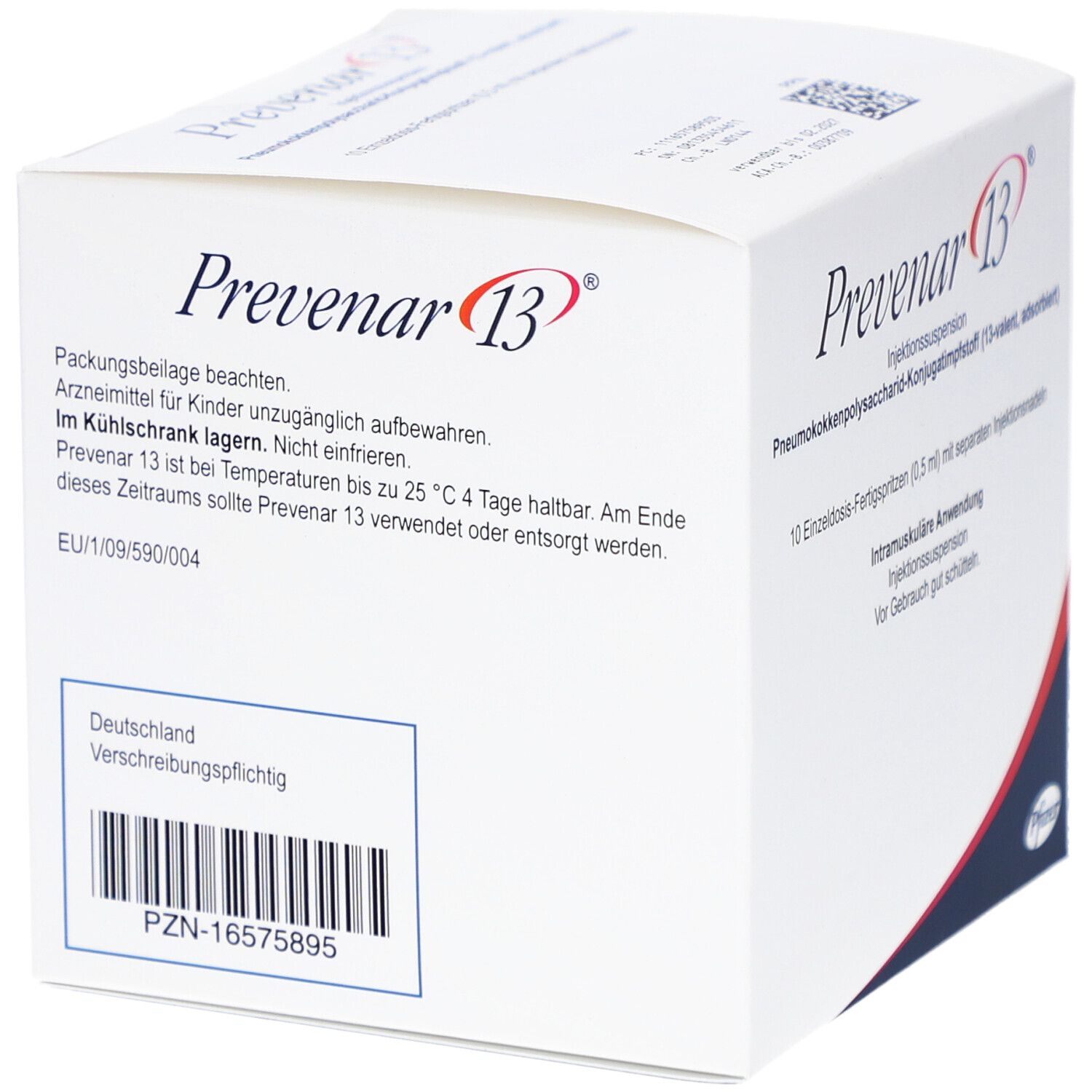 Rückseite der Prevenar 13-Schachtel. Textinformationen und Barcode. Enthält Informationen zur Aufbewahrung.