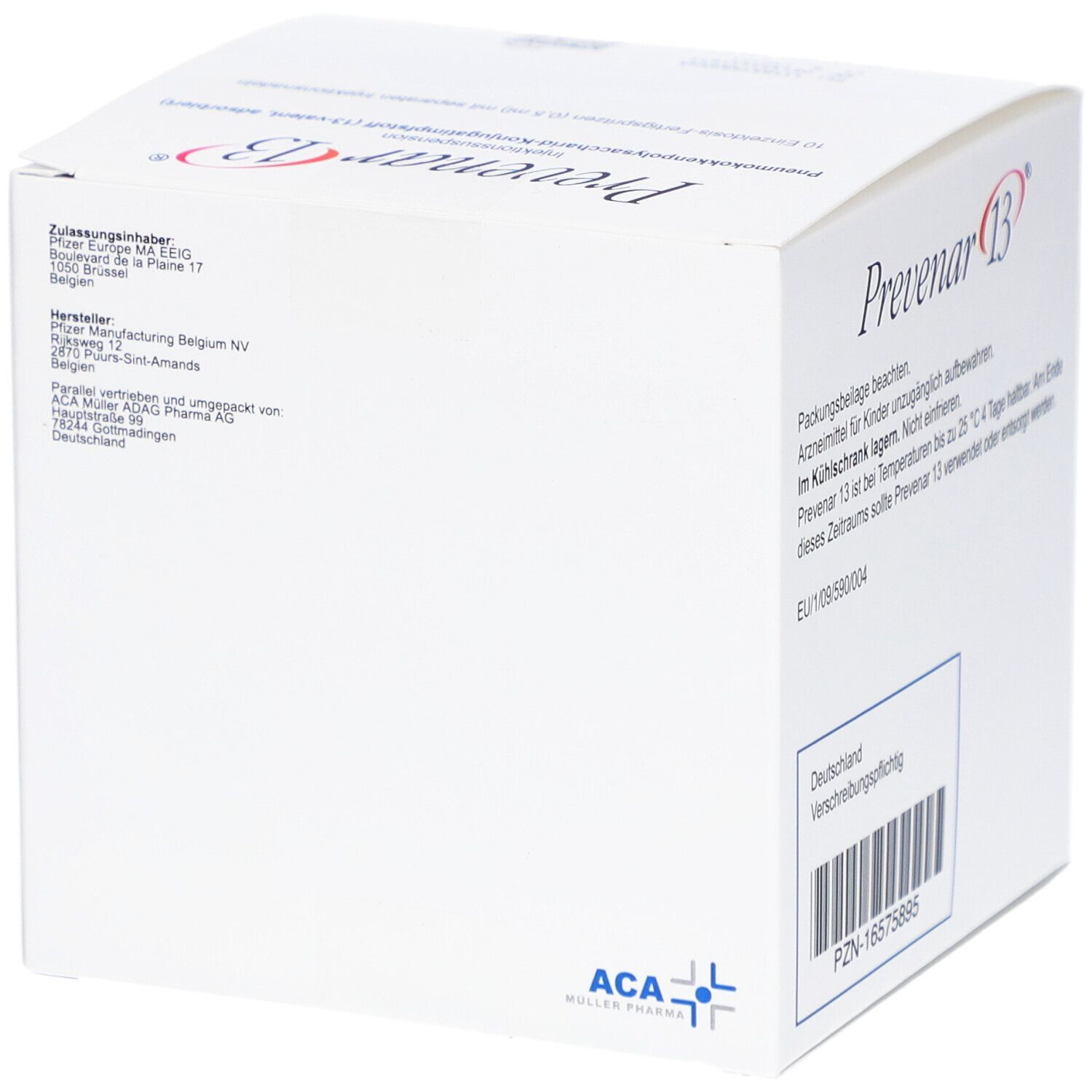 Seite der Prevenar 13-Schachtel. Textinformationen und Barcode. ACA Müller Pharma-Logo.